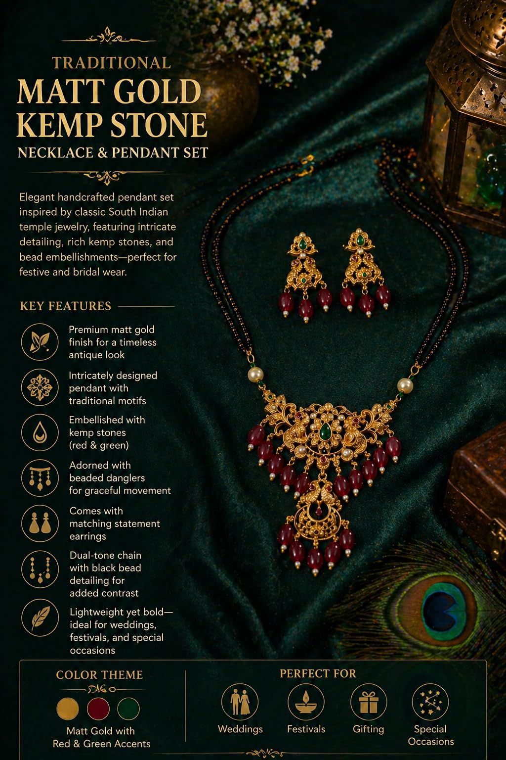 KAYRAH Gold Plated Jewellery Set with Green Cubic Zirconia, Teardrop Pendant Necklace and Earrings, Fashion Style, High Polish with Matching Earrings with Matching Earrings