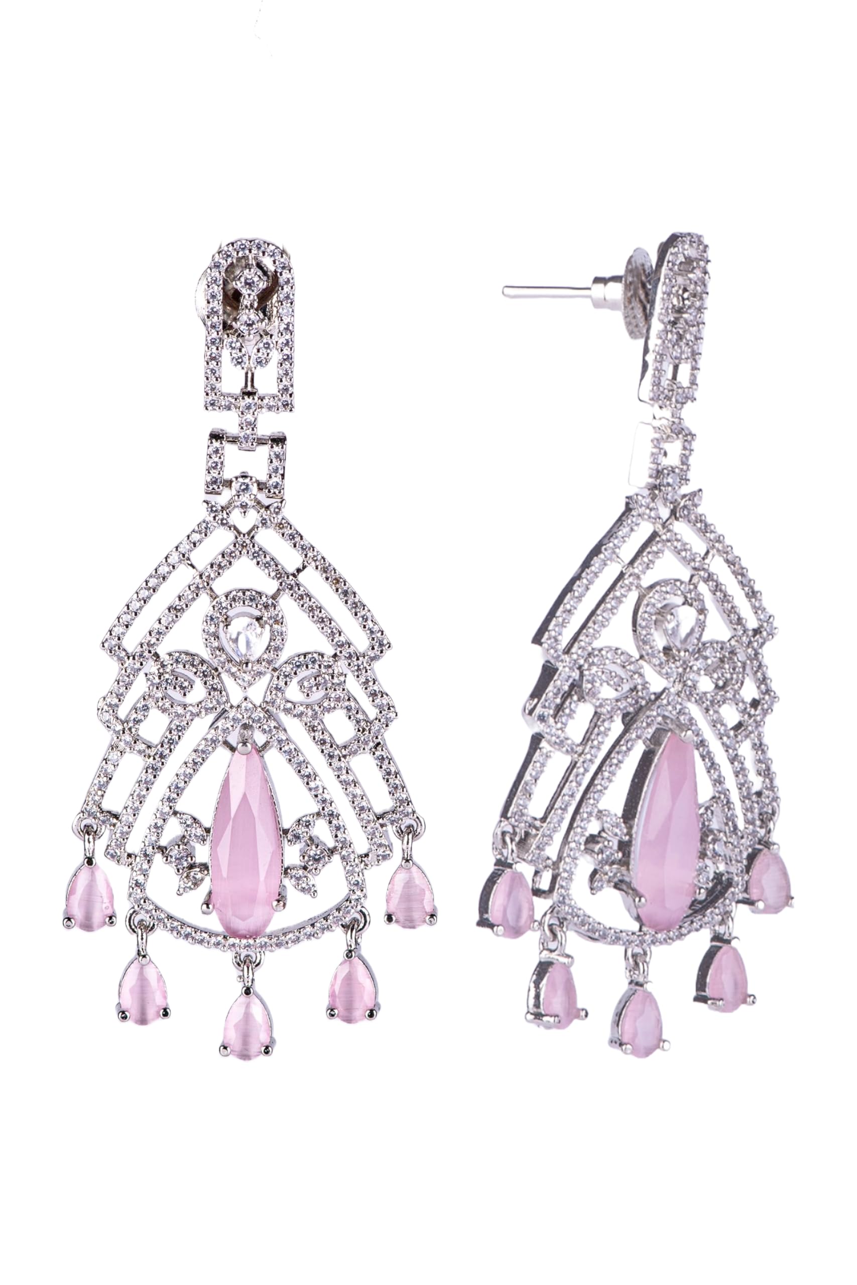 Silver Plated Pink Stone Geometric Drop Earrings for Women | Statement Fashion Jewellery Earrings for Girls | Stylish Dangle Earrings Gift for Women