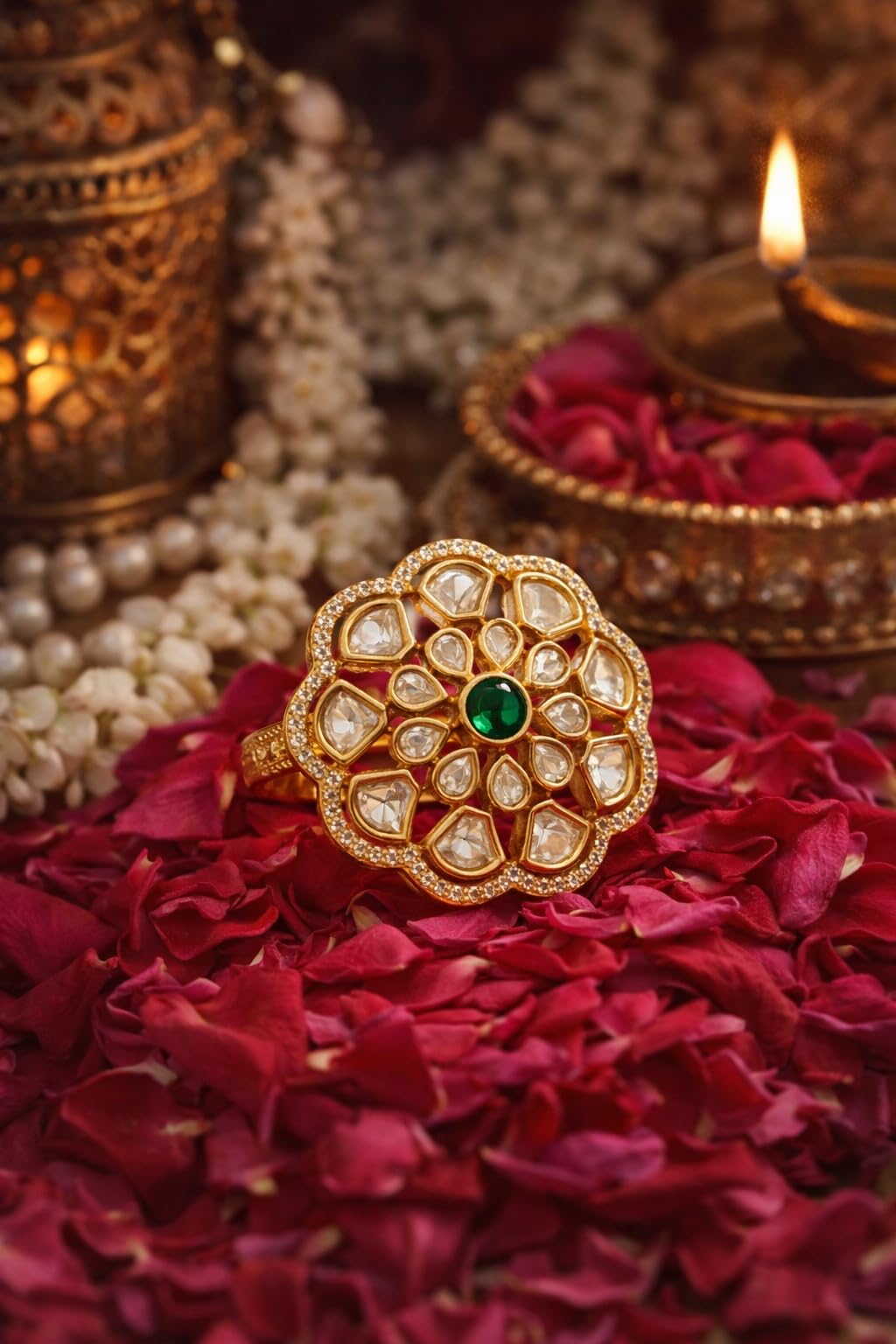 KAYRAH Gold Plated Floral Statement Ring with Green Stone, American Diamond, Cocktail Style, Free Size, Party & Wedding Fashion Jewellery