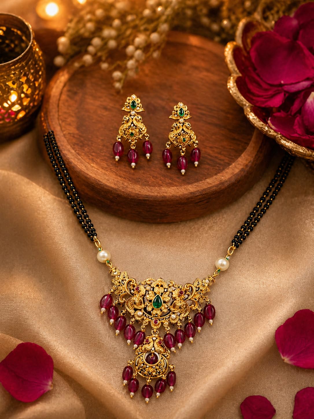 KAYRAH Gold Plated Jewellery Set with Green Cubic Zirconia, Teardrop Pendant Necklace and Earrings, Fashion Style, High Polish with Matching Earrings with Matching Earrings