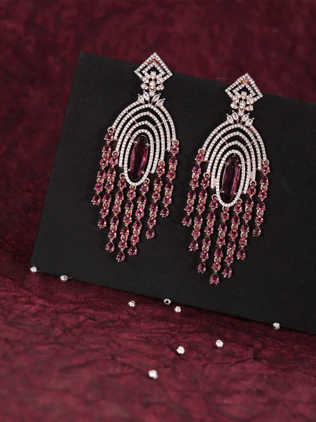 Rose Gold Plated Pink Stone Tassel Earrings for Women | Long Dangle Fashion Jewellery Earrings for Girls | Stylish Statement Earrings Gift for Women