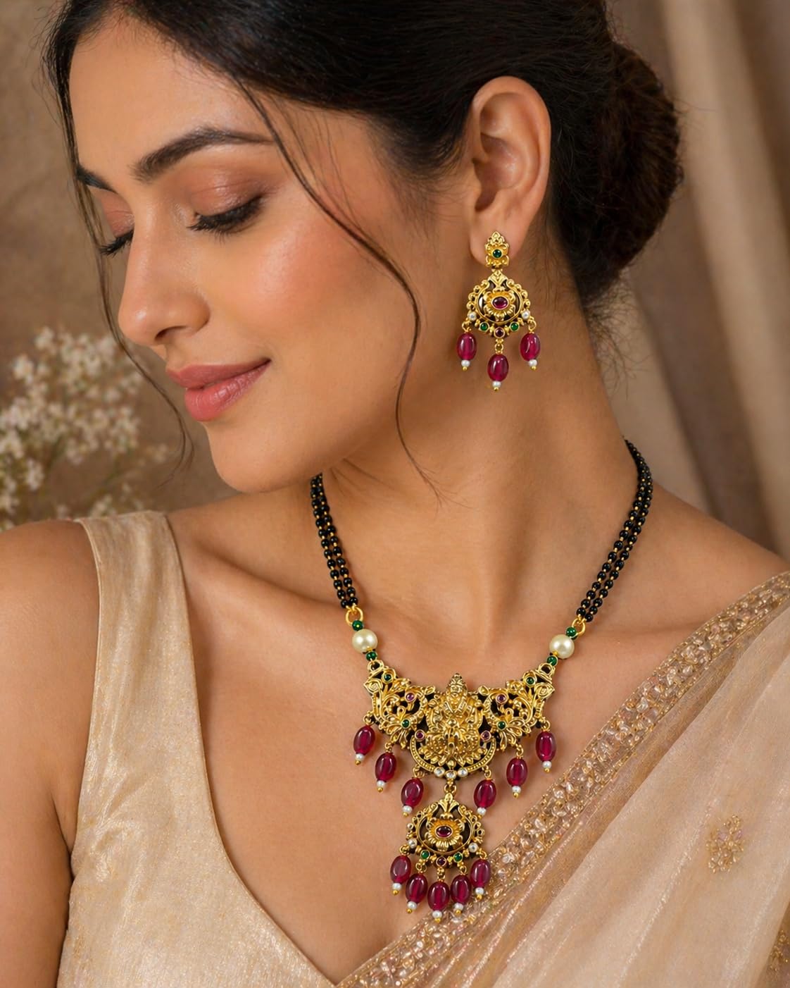 KAYRAH Gold Plated Mangalsutra Necklace Set with Earrings, Temple Jewellery, Green Onyx Beads, Traditional South Indian Bridal with Matching Earrings with Matching Earrings