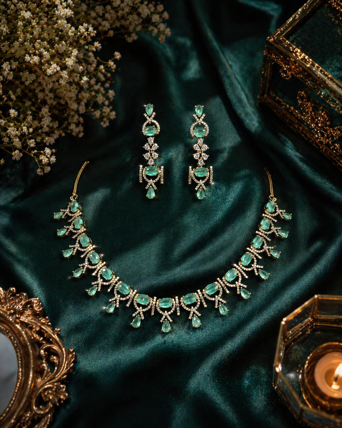 KAYRAH Gold Plated Emerald Green Cubic Zirconia Necklace Set with Earrings, Brass, Bridal Wedding Fashion with Matching Earrings with Matching Earrings