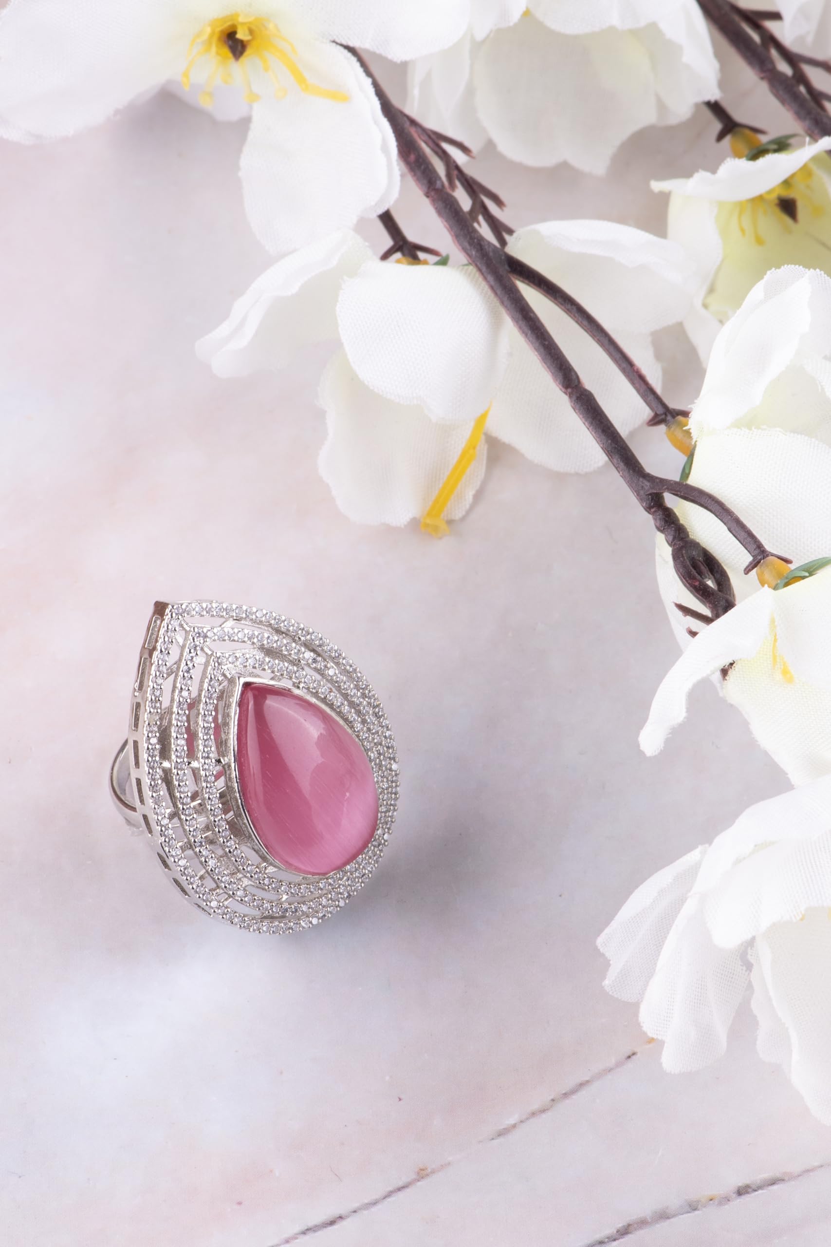 KAYRAH Brass Material CZ Stone Stud Ring for Women and Girls for Every Occassion (Pink Pota)