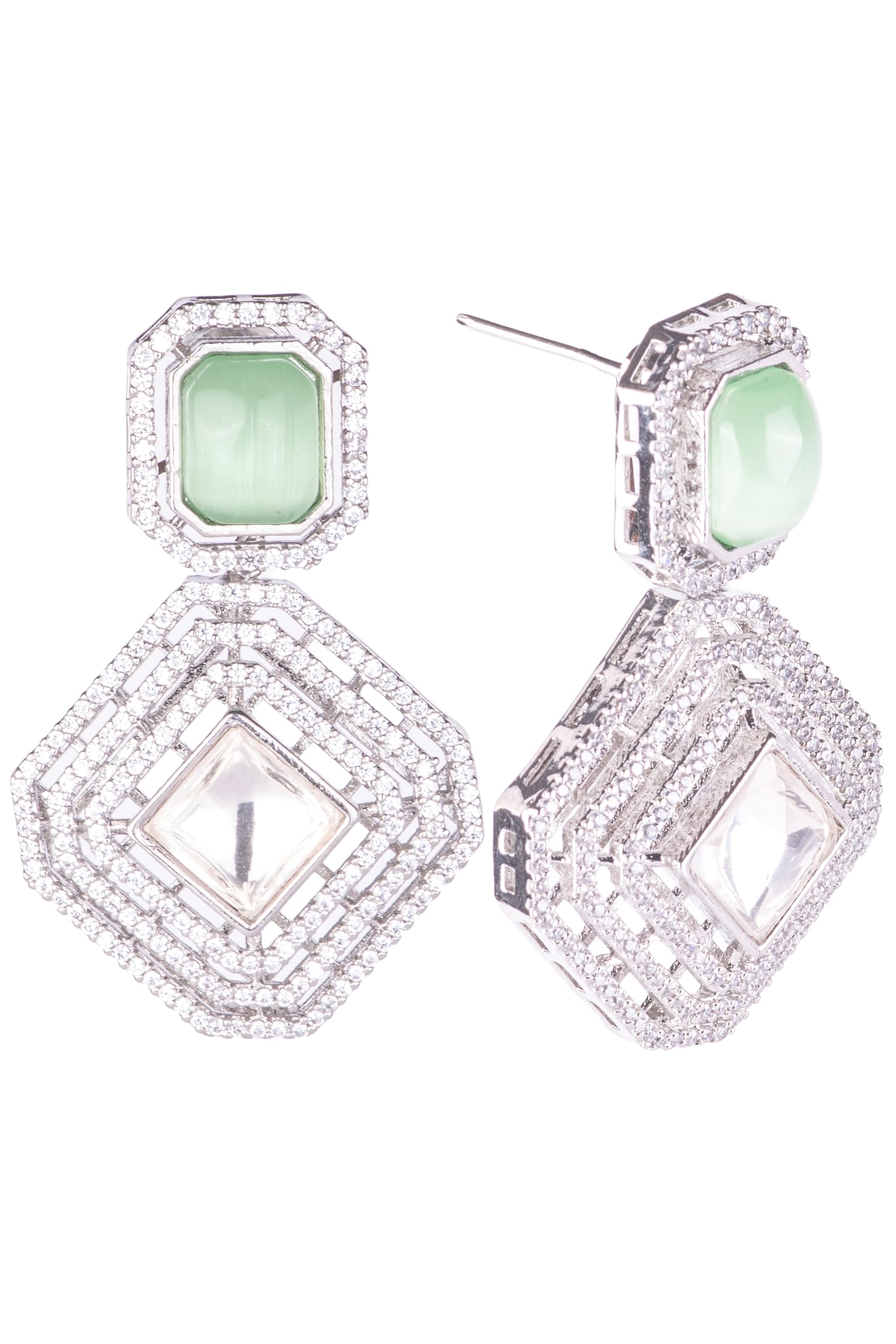 Silver Plated Green Stone Geometric Drop Earrings for Women | Statement Fashion Jewellery Earrings for Girls | Elegant Dangle Earrings Gift for Women