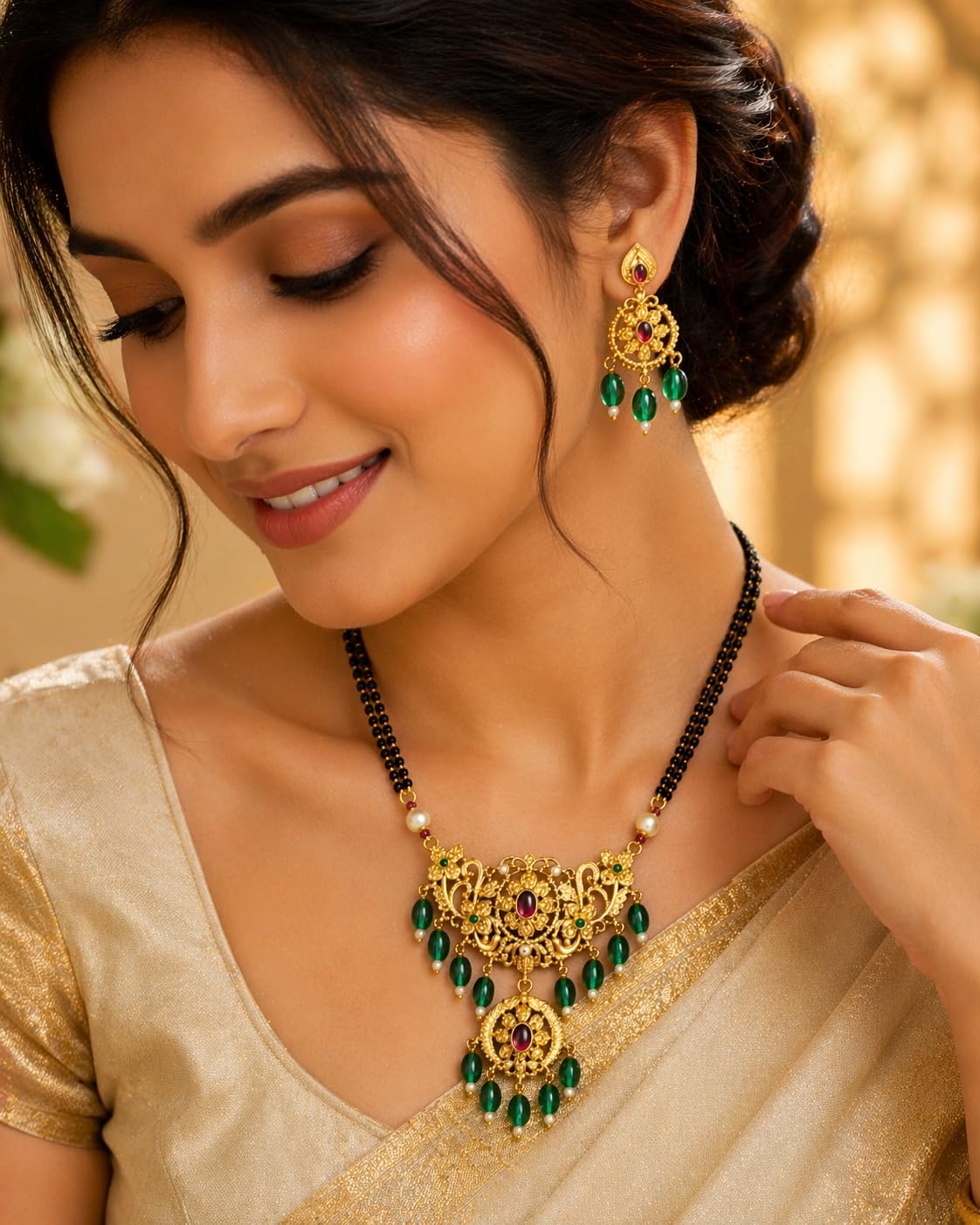 KAYRAH Gold Plated Temple Necklace Set, Lakshmi Pendant Mangalsutra Style, Jhumka Earrings, Traditional South Indian Wedding Jewellery with Matching Earrings with Matching Earrings