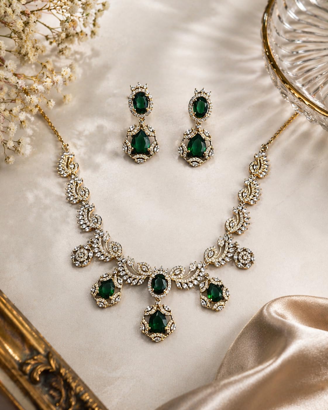 KAYRAH Gold Plated Heart Design Necklace Set with American Diamond, Chain Necklace & Drop Earrings Jewellery for Women with Matching Earrings with Matching Earrings