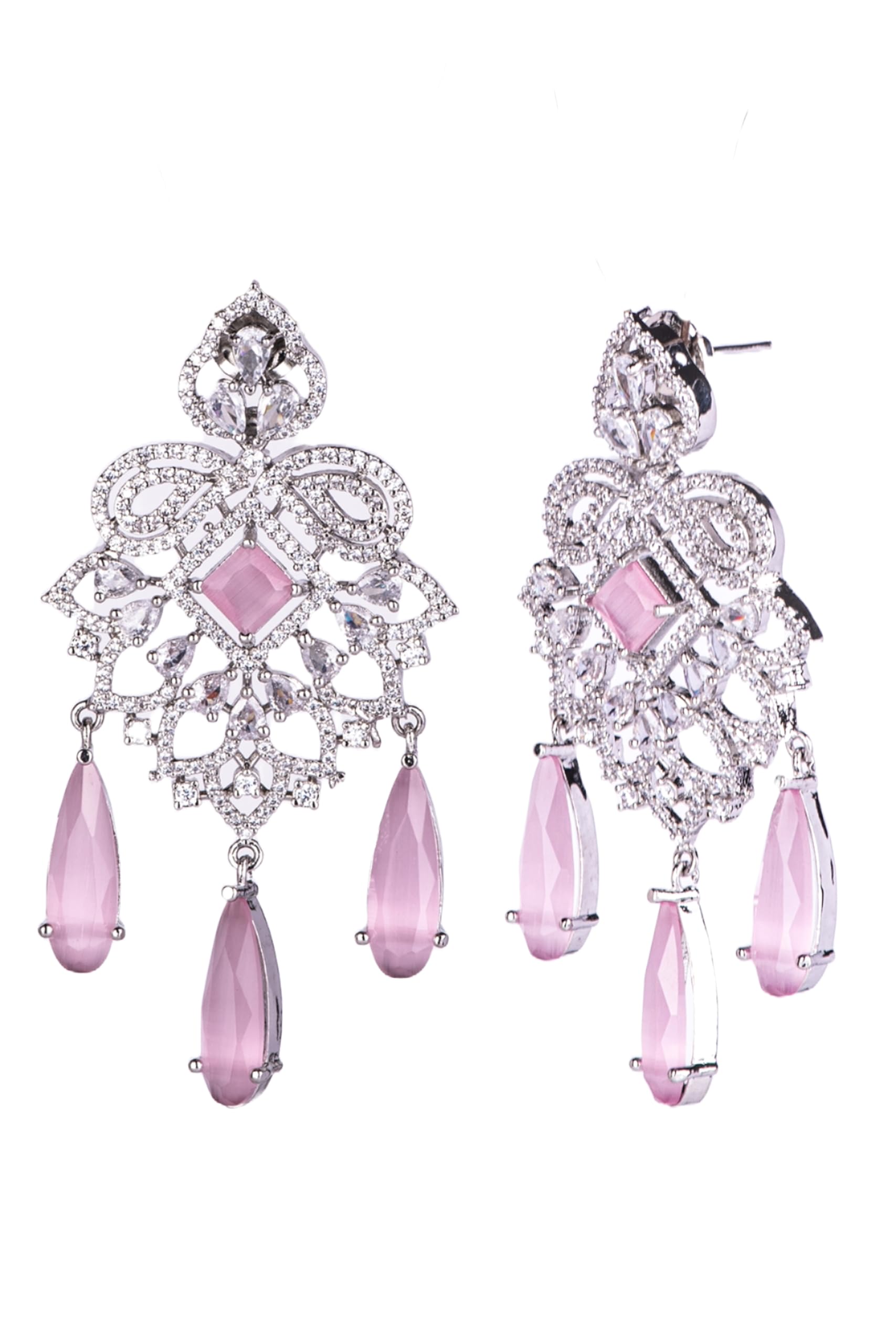 Silver Plated Pink Stone Statement Earrings for Women | Floral Dangle Fashion Jewellery Earrings for Girls | Elegant Drop Earrings Gift for Women