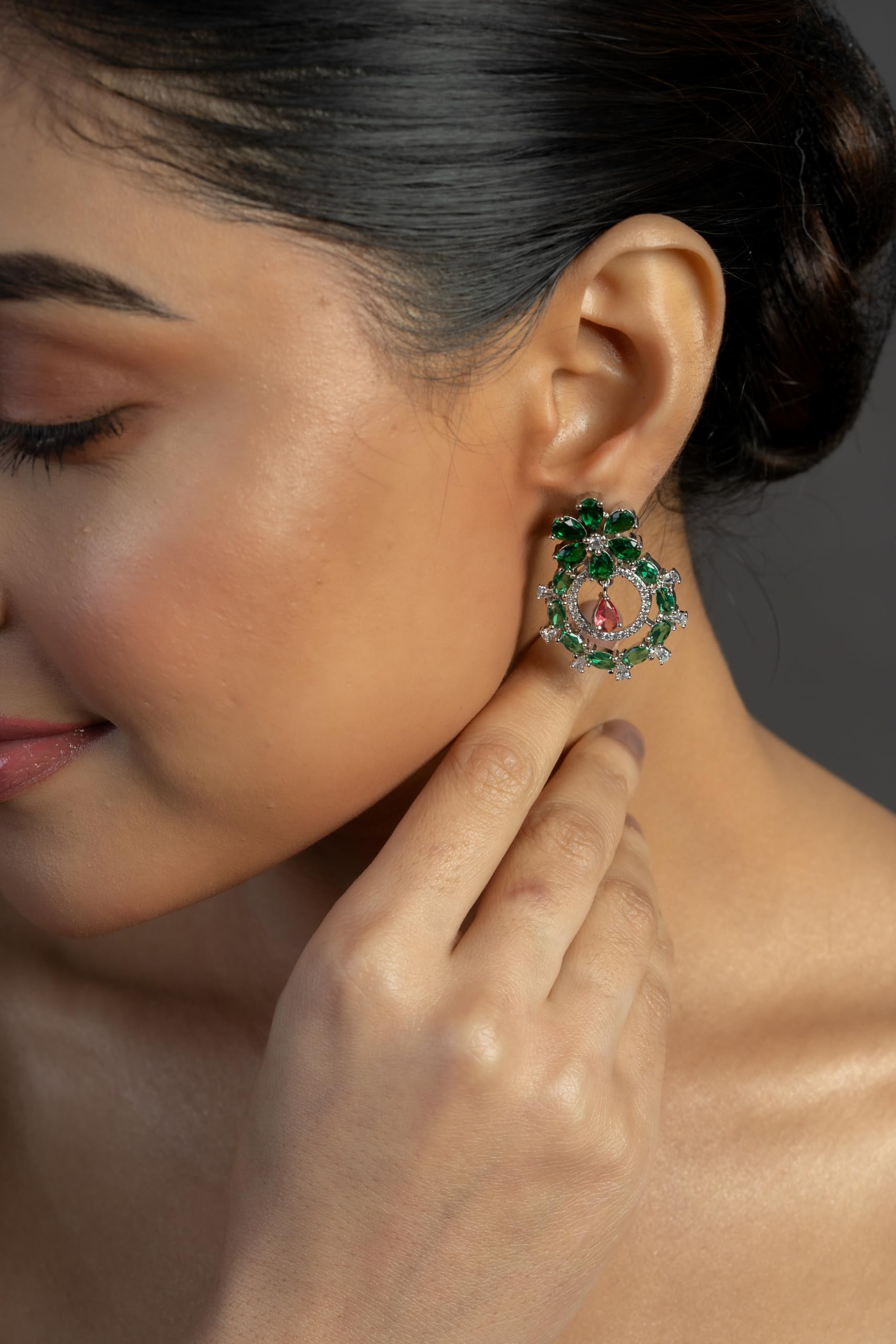 Silver Plated Green Stone Floral Drop Earrings for Women | Statement Fashion Jewellery Earrings for Girls | Elegant Earrings Gift for Women
