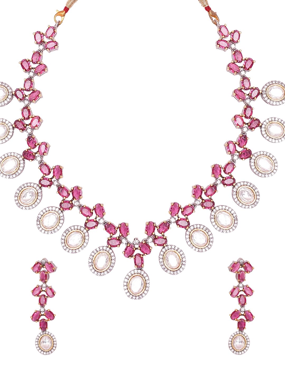 KAYRAH Silver Plated Pink Stone Necklace Set for Women Stylish with Matching Earrings with Matching Earrings
