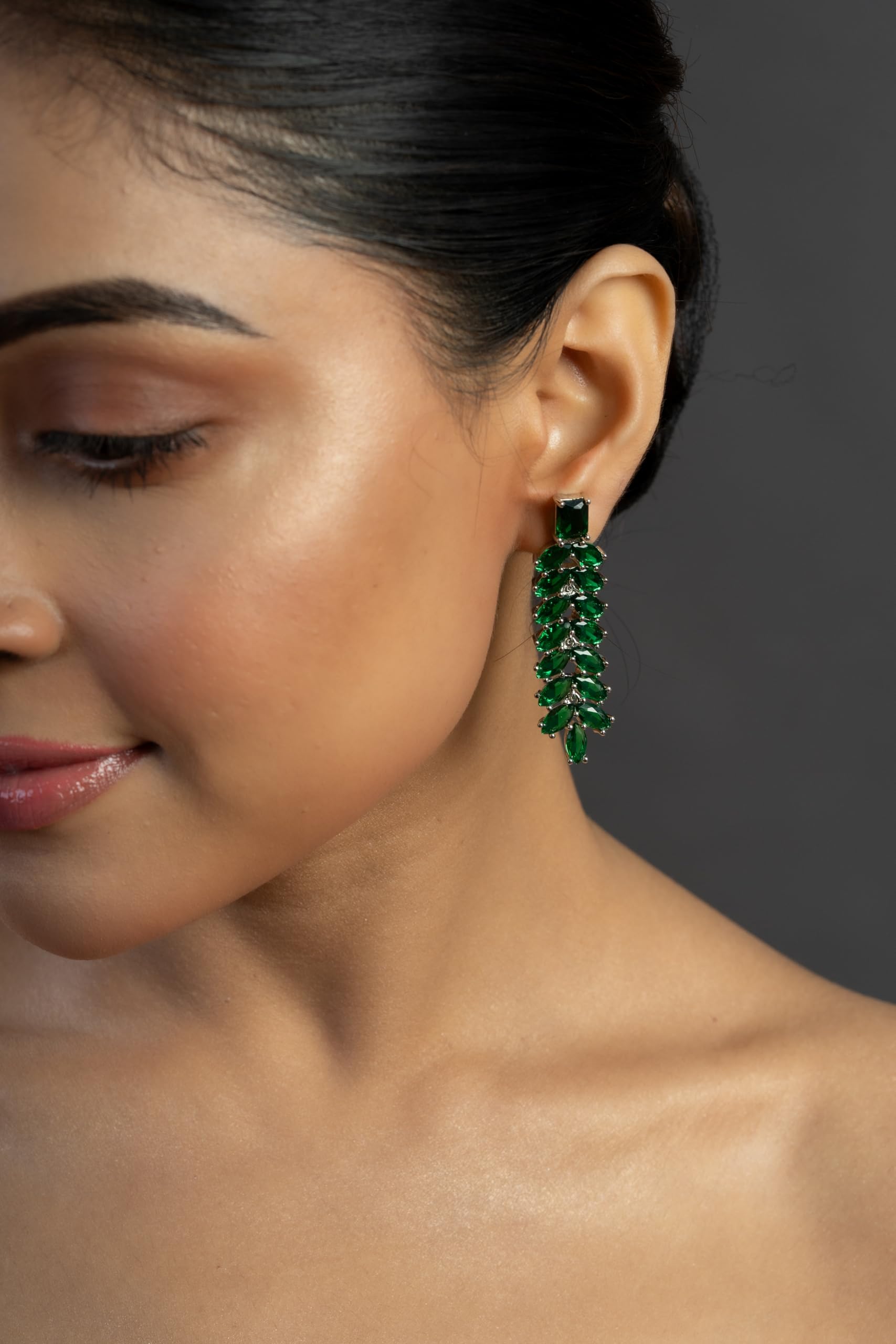 Silver Plated Green Stone Long Drop Earrings for Women | Statement Fashion Jewellery Earrings for Girls | Stylish Dangle Earrings Gift for Women