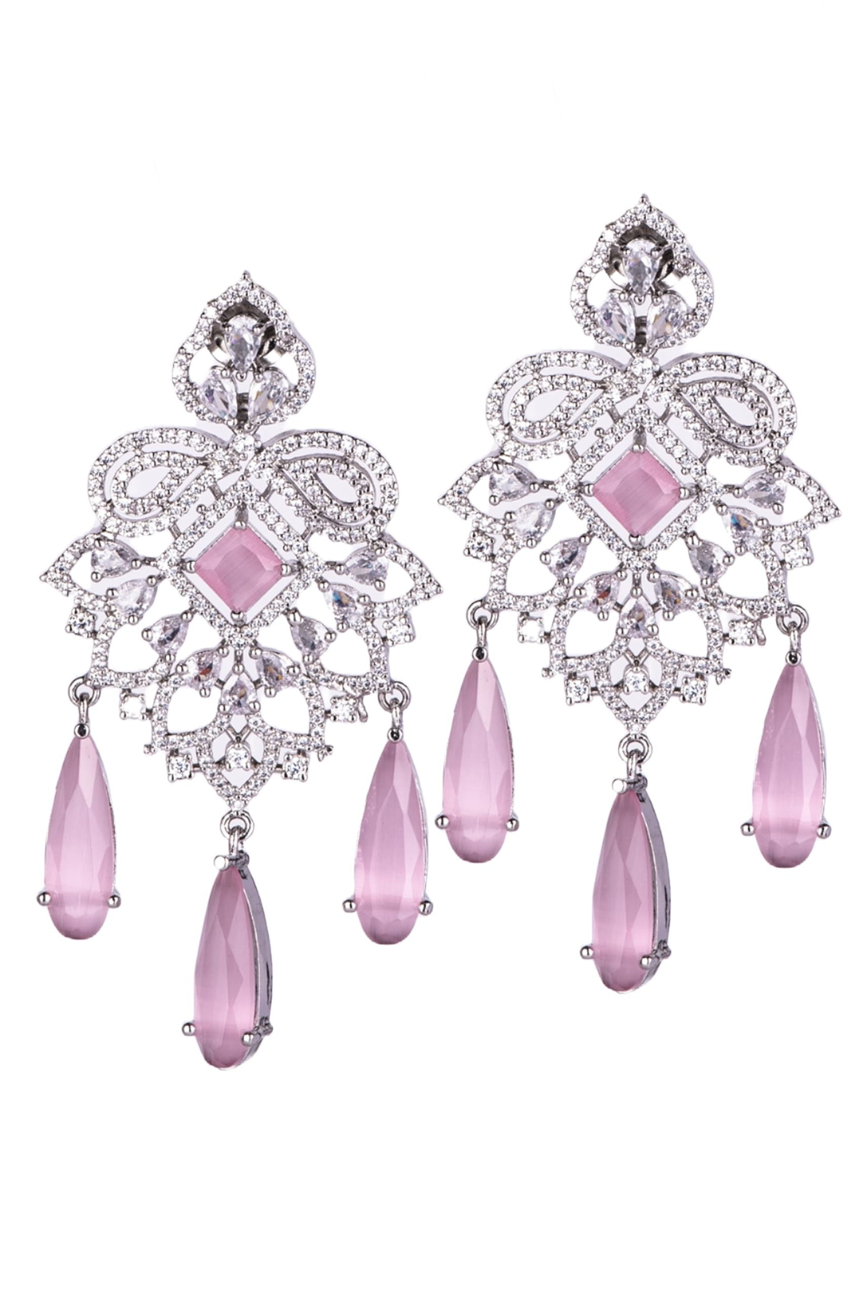 Silver Plated Pink Stone Statement Earrings for Women | Floral Dangle Fashion Jewellery Earrings for Girls | Elegant Drop Earrings Gift for Women