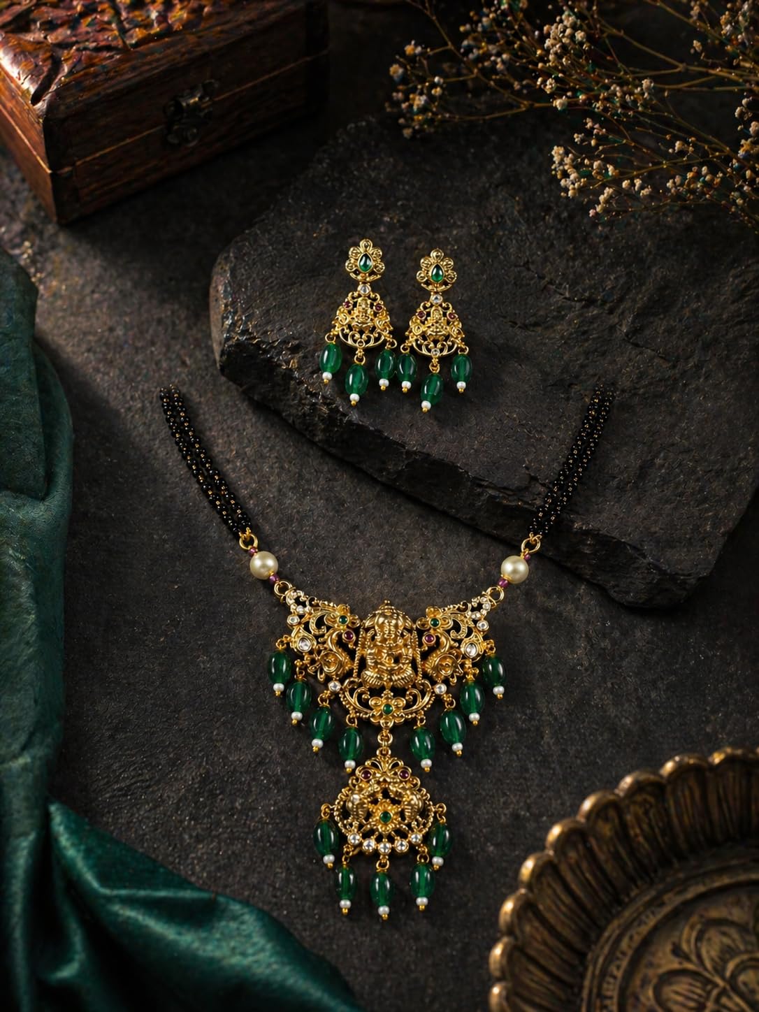 KAYRAH Gold Plated Temple Mangalsutra Necklace Set with Earrings, Lakshmi Design, Red Beads, Brass, Traditional Bridal Ethnic Jewellery with Matching Earrings with Matching Earrings