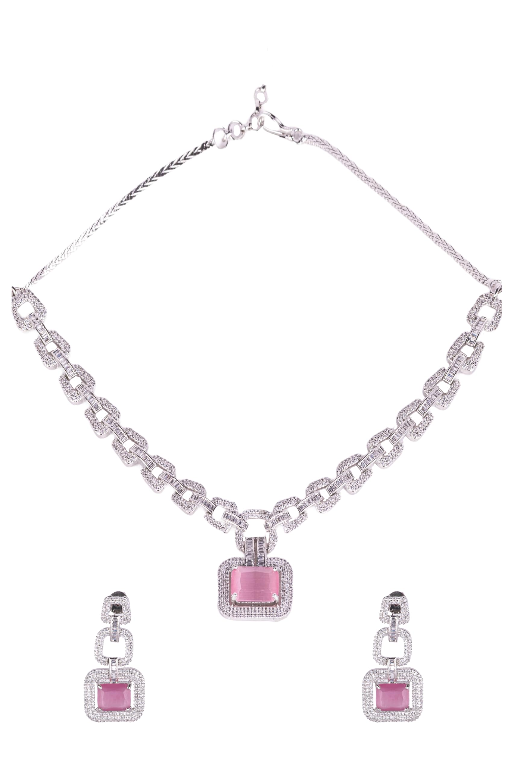 Kayrah Pink Crystal Geometric Pendant Necklace Set for Women | Designer CZ Statement Jewellery Set with Matching Earrings