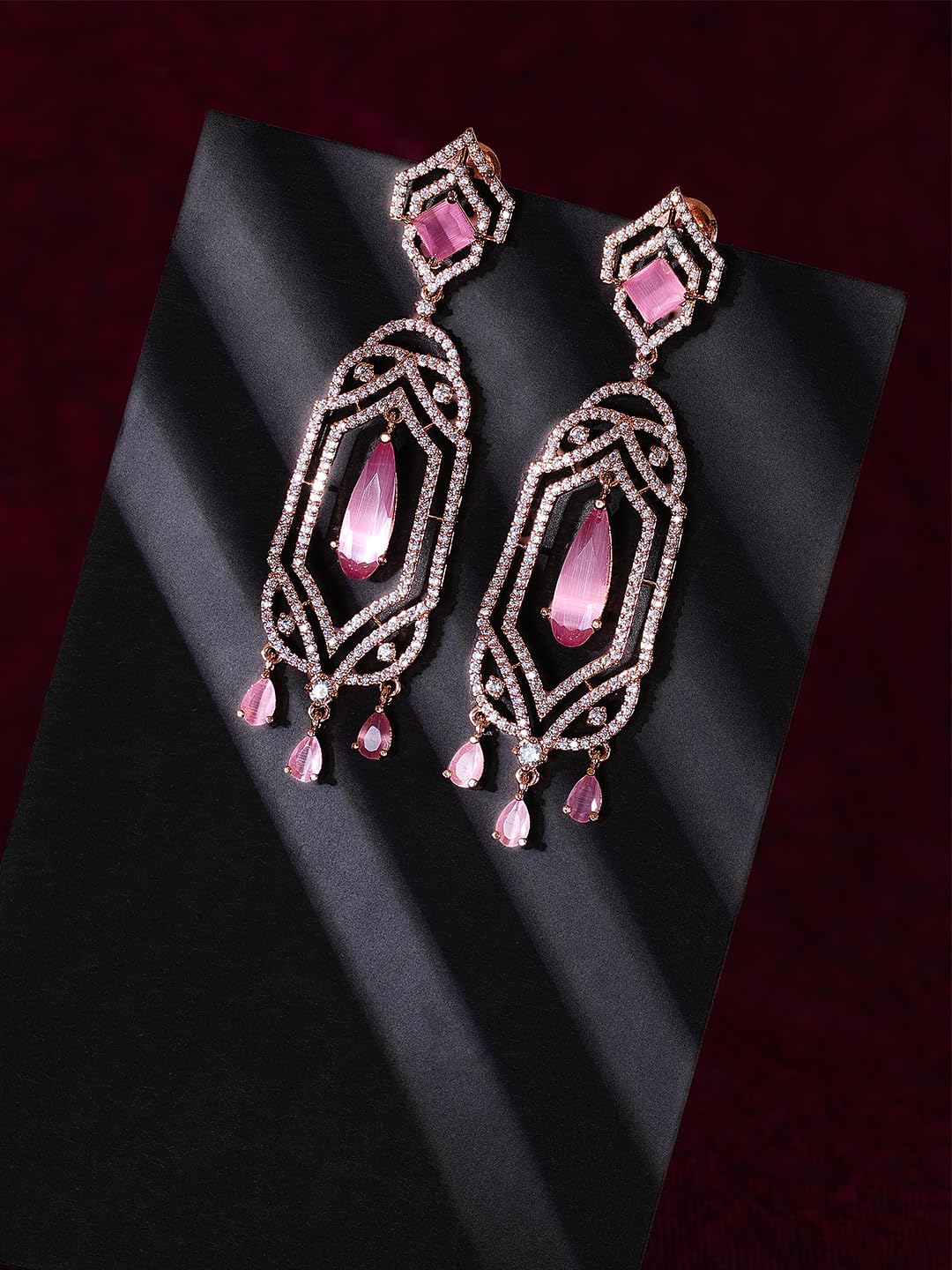 Rose Gold Plated Pink Stone Drop Earrings for Women | Geometric Fashion Jewellery Earrings for Girls | Stylish Dangle Earrings Gift for Women