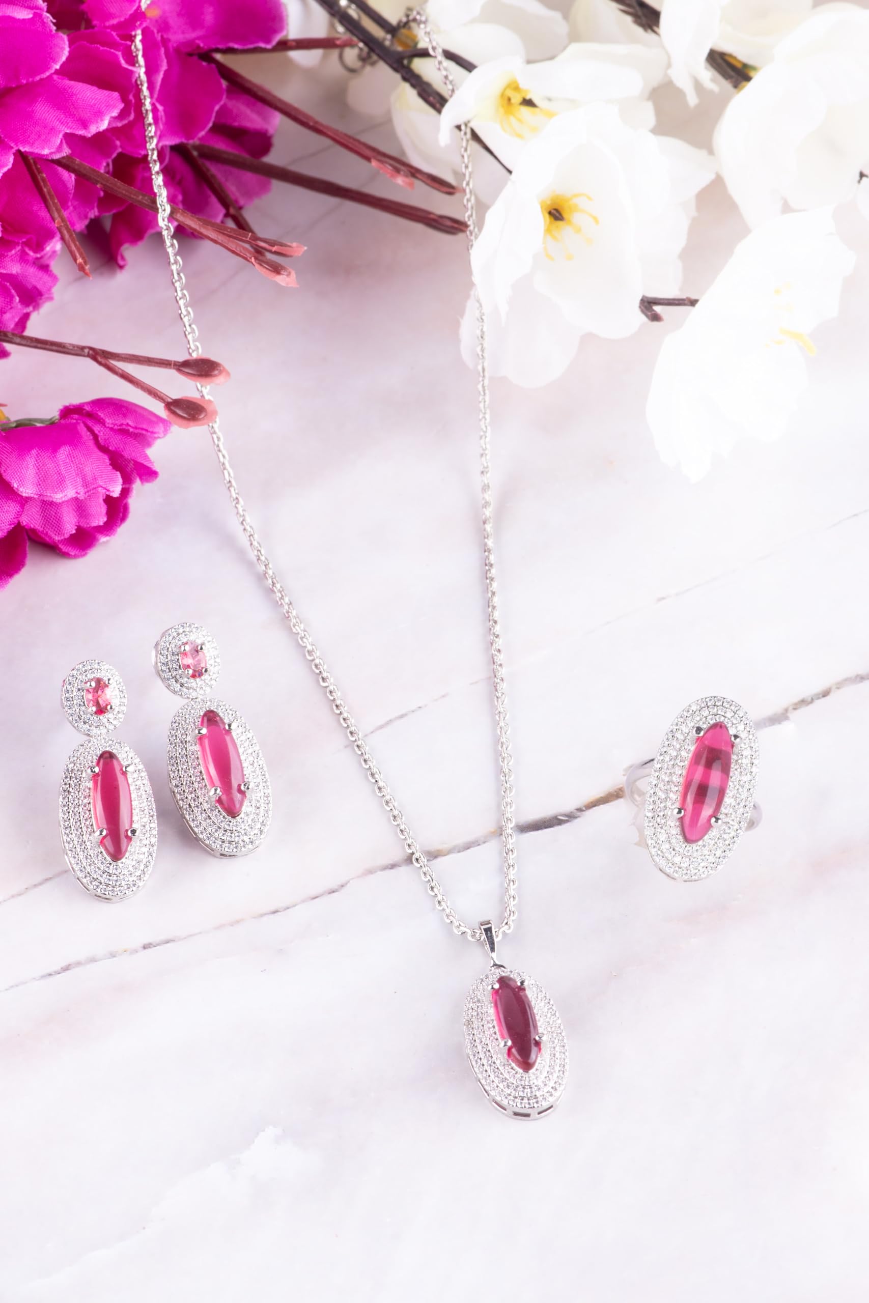 KAYRAH High-polished Brass CZ Stone Pendant Necklace, Stud Earrings and Ring Set for Women and Girls with Matching Earrings with Matching Earrings