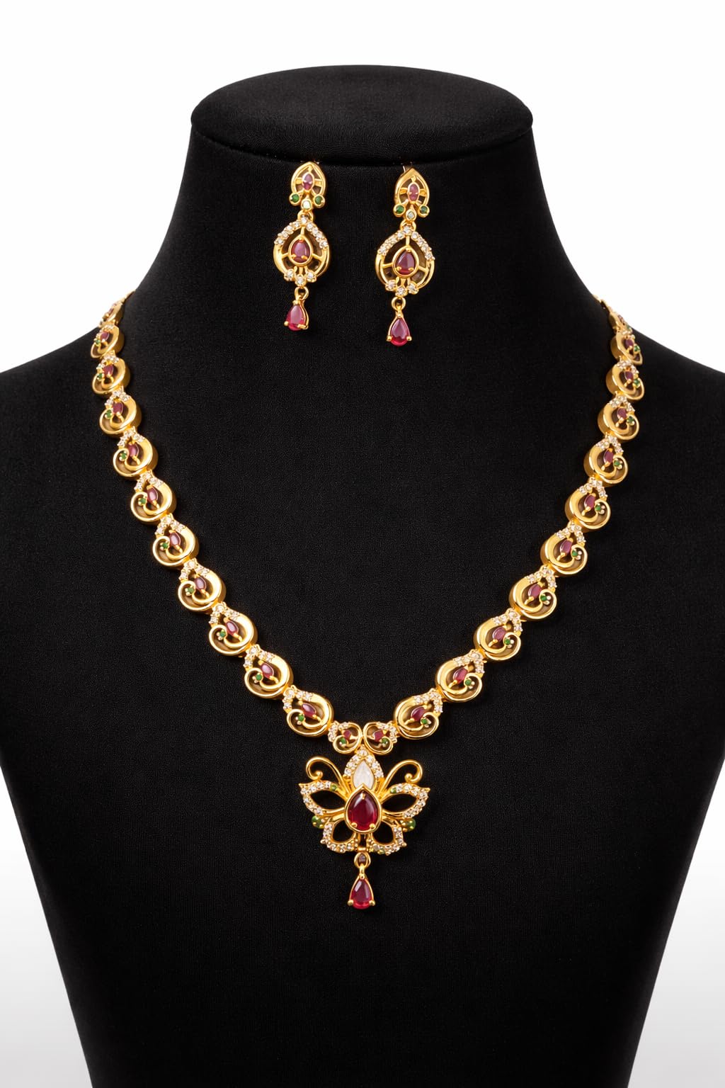 KAYRAH Gold Plated Necklace Set with Red and Green Cubic Zirconia Stones, Drop Earrings, Wedding and Festive with Matching Earrings with Matching Earrings