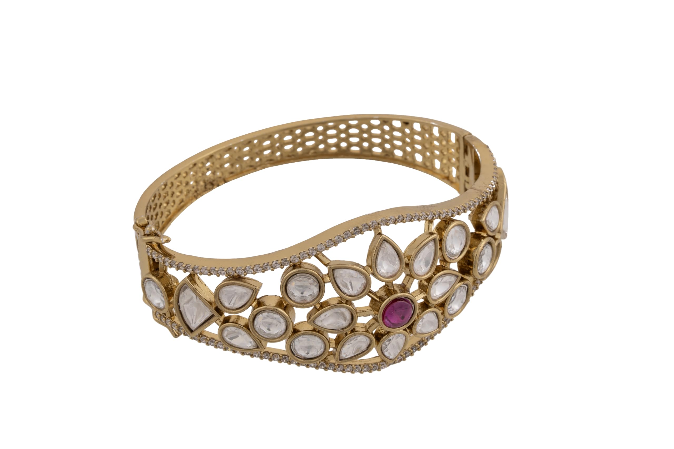 KAYRAH Gold Plated Pink Stone Kundan Style Statement Bracelet for Women
