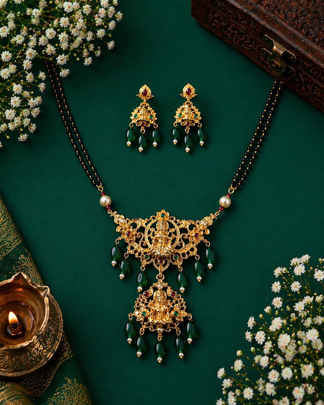 KAYRAH Gold Plated Mangalsutra Necklace Set with Earrings, Traditional Temple Jewellery, Red Beads, Brass, Bridal Wedding with Matching Earrings with Matching Earrings