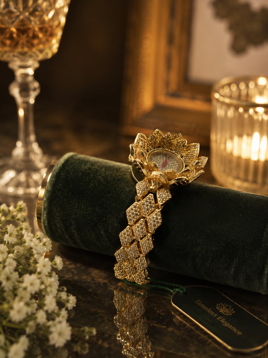Gold Plated Floral Analog Bracelet Watch for Women