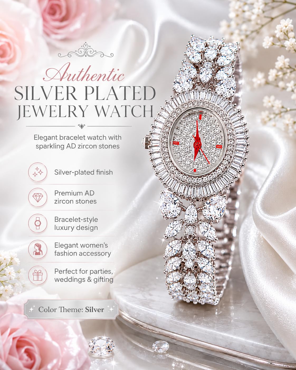 KAYRAH Silver Plated Crystal Analog Bracelet Watch for Women