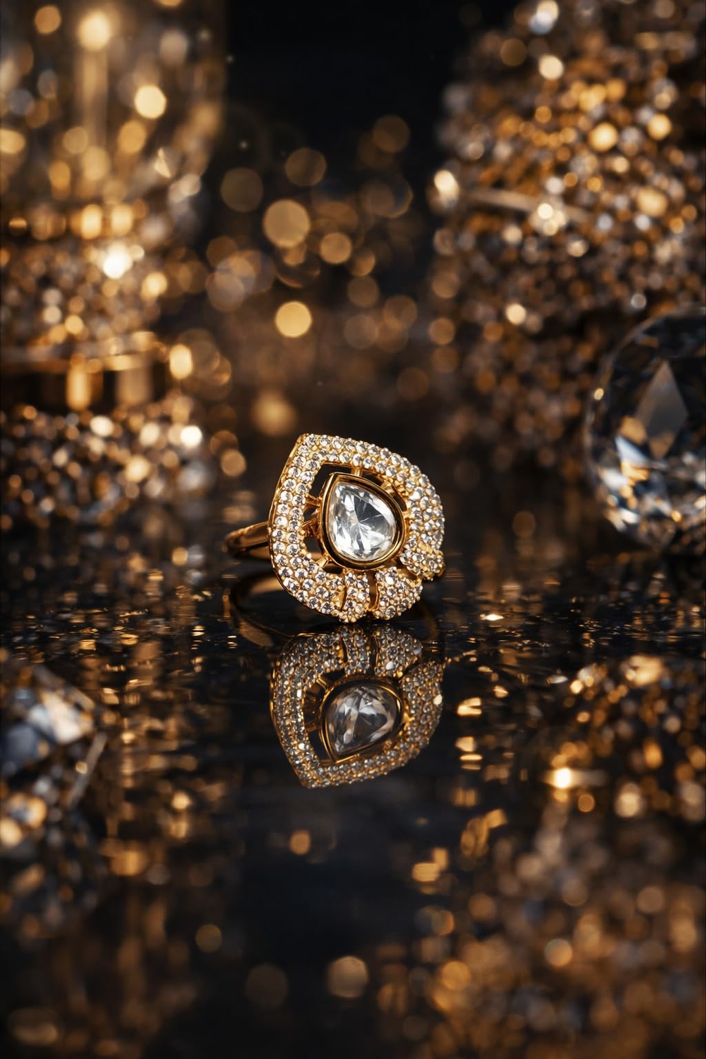KAYRAH Gold Plated Statement Ring for Women, Teardrop Crystal with Cubic Zirconia Pavé, Party & Wedding Fashion Jewellery