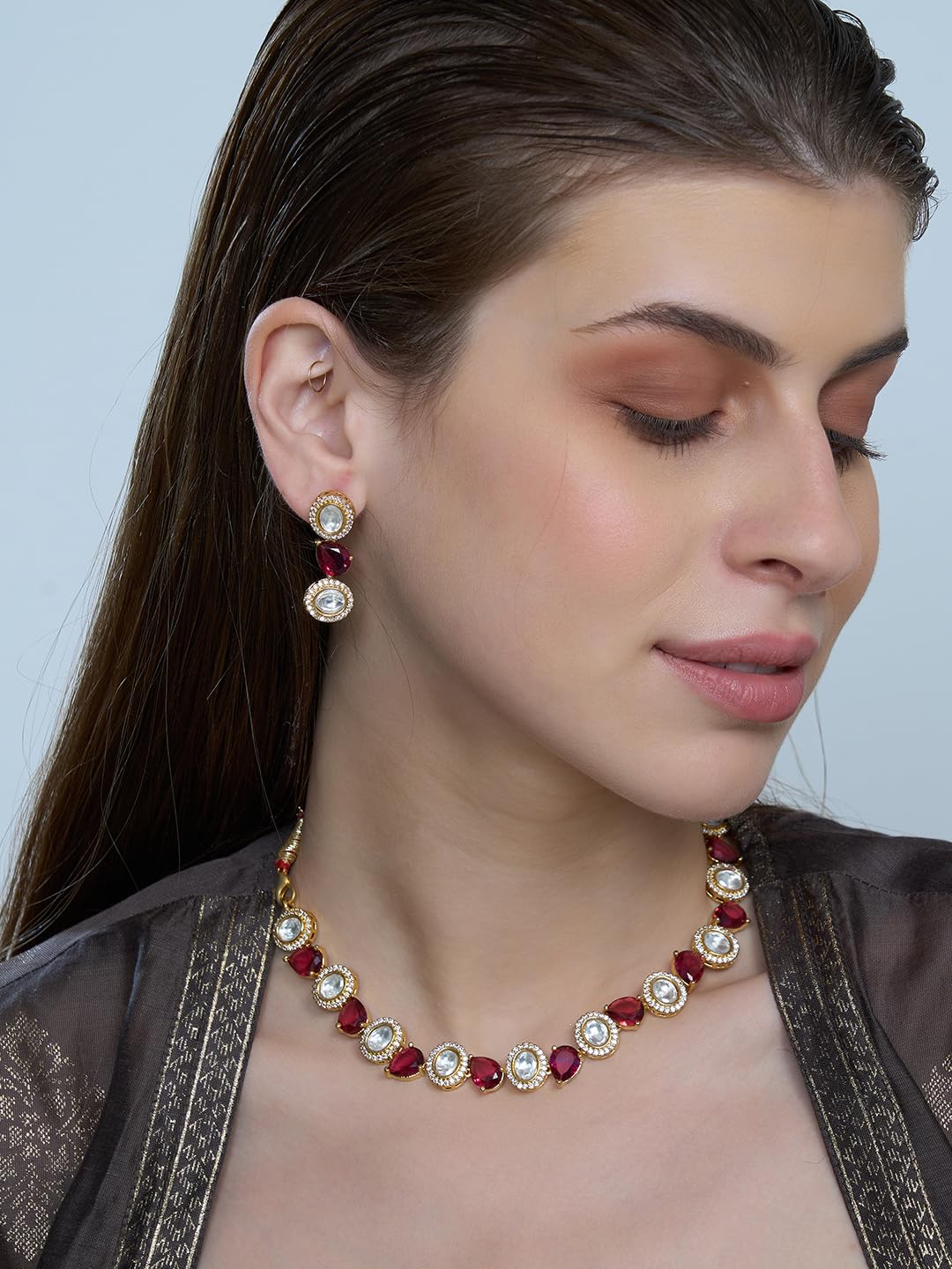 KAYRAH Gold Plated Heart Necklace Set for Women with Matching Earrings with Matching Earrings