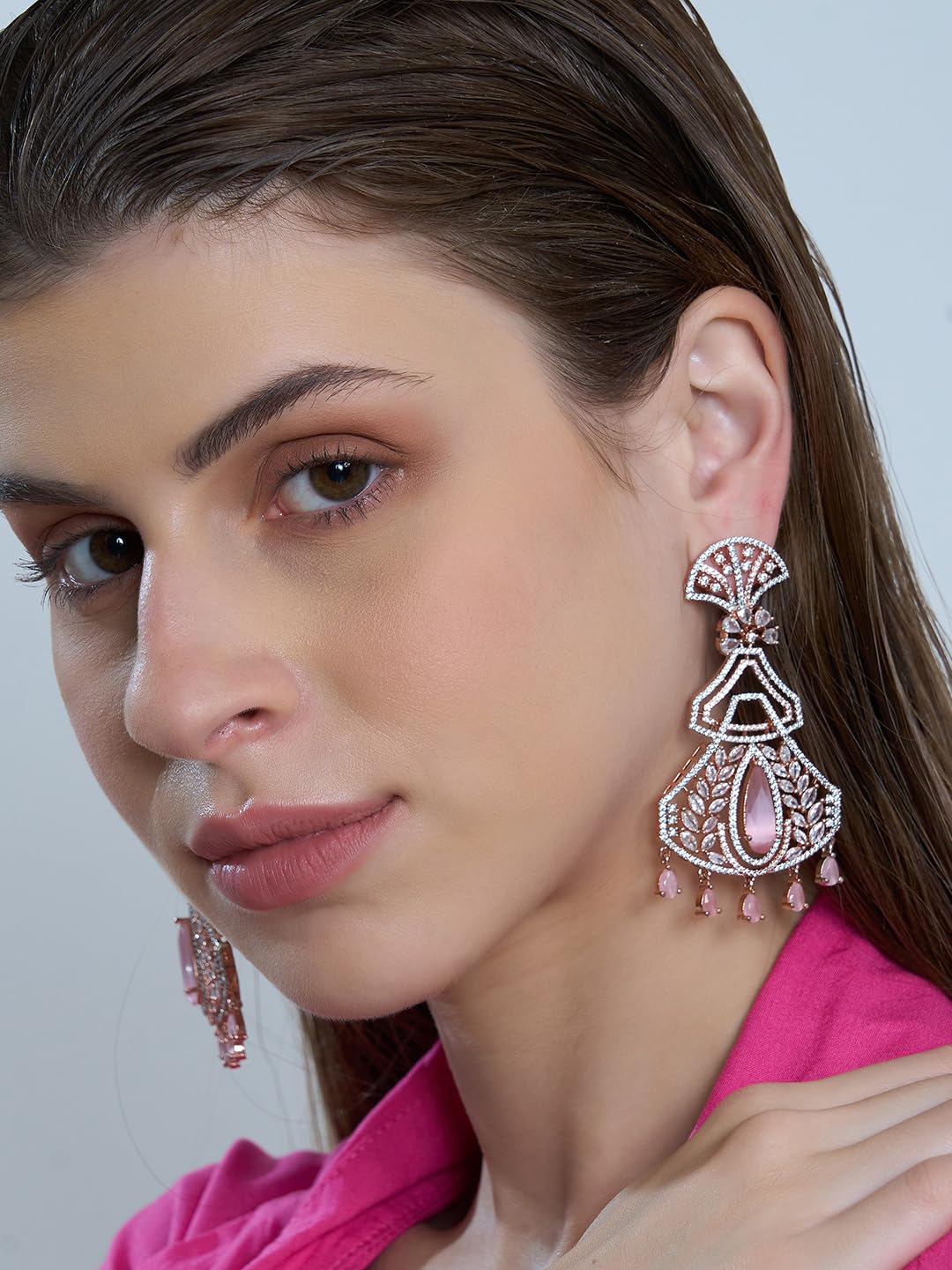 Rose Gold Plated Pink Stone Jhumka Earrings for Women | Traditional Fashion Jewellery Earrings for Girls | Stylish Drop Earrings Gift for Women