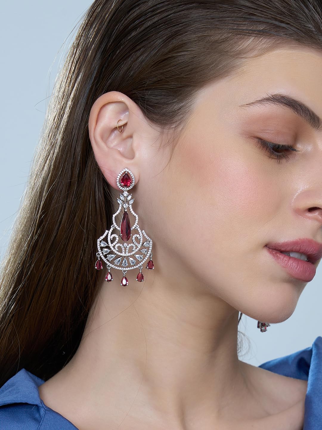 Silver Plated Pink Stone Chandbali Earrings for Women | Statement Fashion Jewellery Earrings for Girls | Elegant Drop Earrings Gift for Women