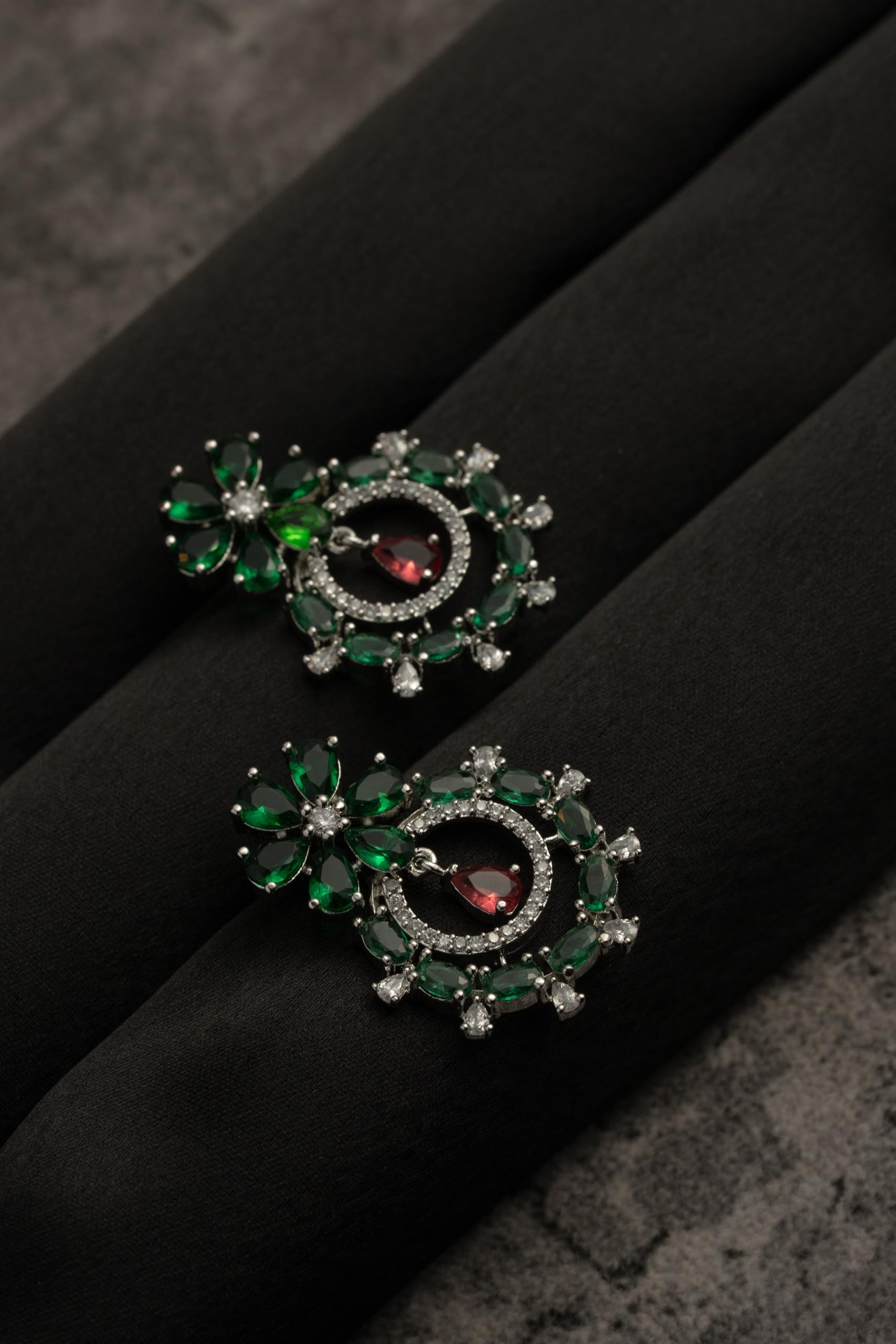Silver Plated Green Stone Floral Drop Earrings for Women | Statement Fashion Jewellery Earrings for Girls | Elegant Earrings Gift for Women