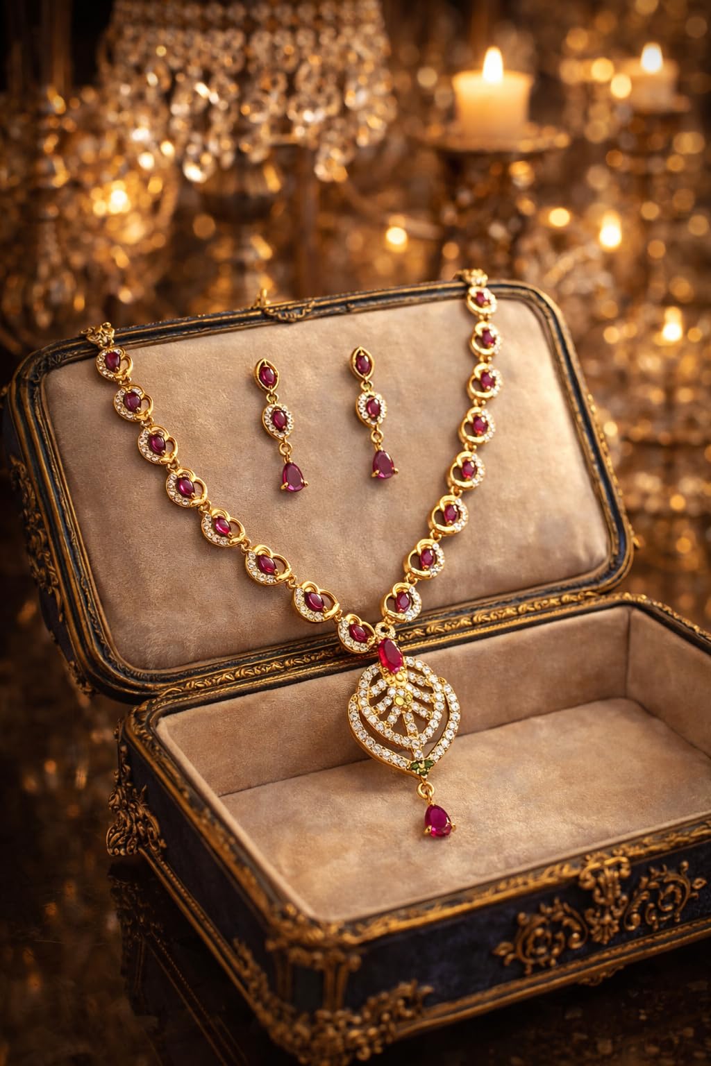 KAYRAH Gold Plated Brass Jewellery Set with Red Cubic Zirconia Stones, Drop Earrings, Fashion Style, for Wedding & Festive with Matching Earrings with Matching Earrings
