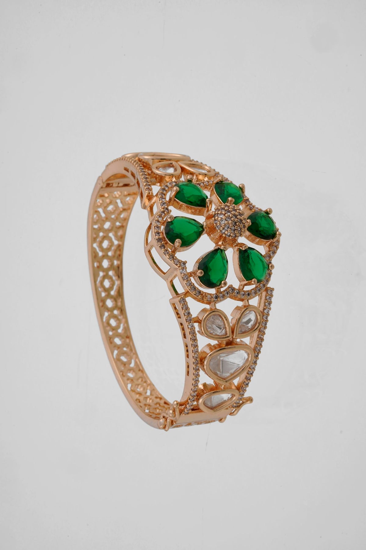 KAYRAH Gold Plated Green Stone Floral Bangle for Women