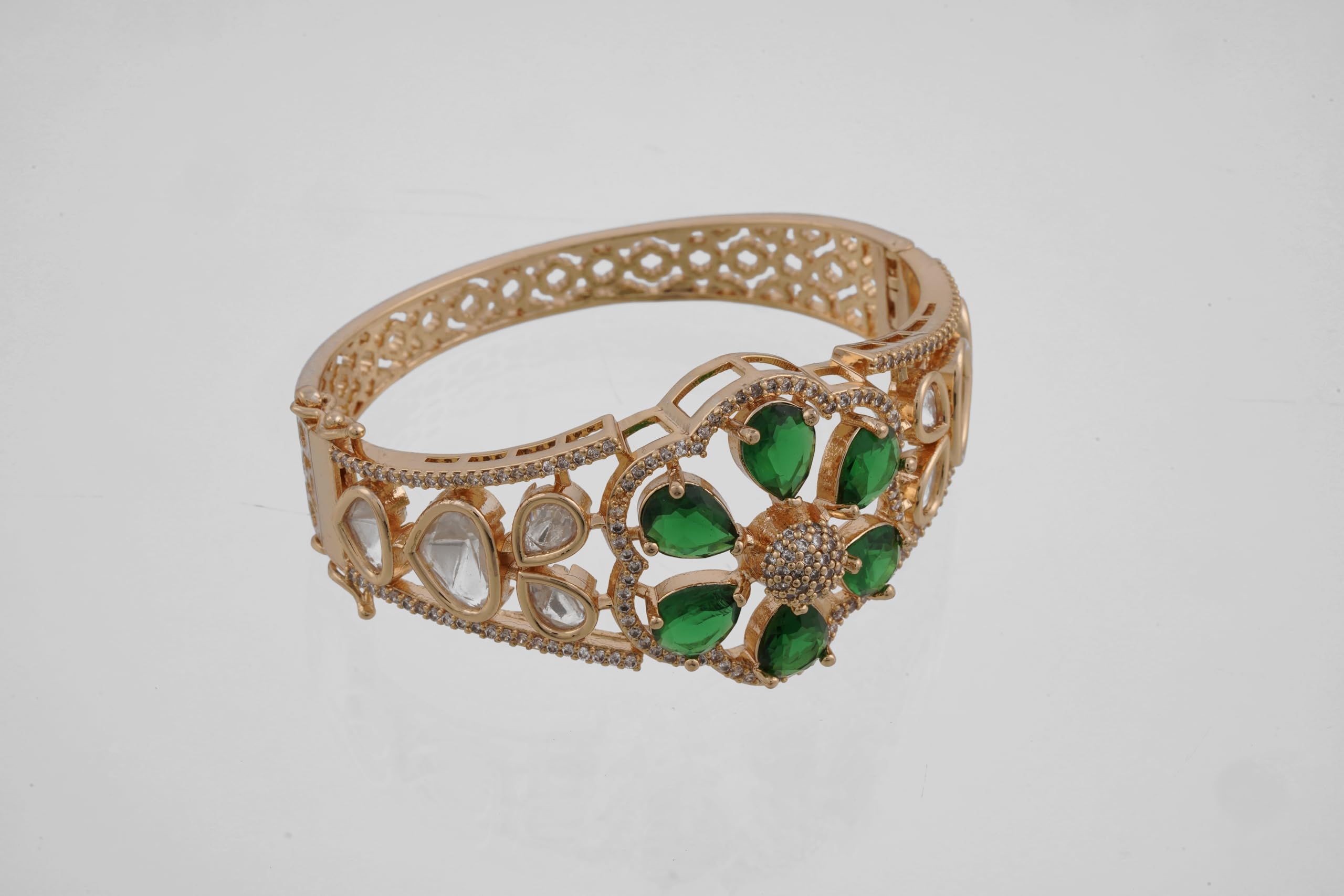 KAYRAH Gold Plated Green Stone Floral Bangle for Women