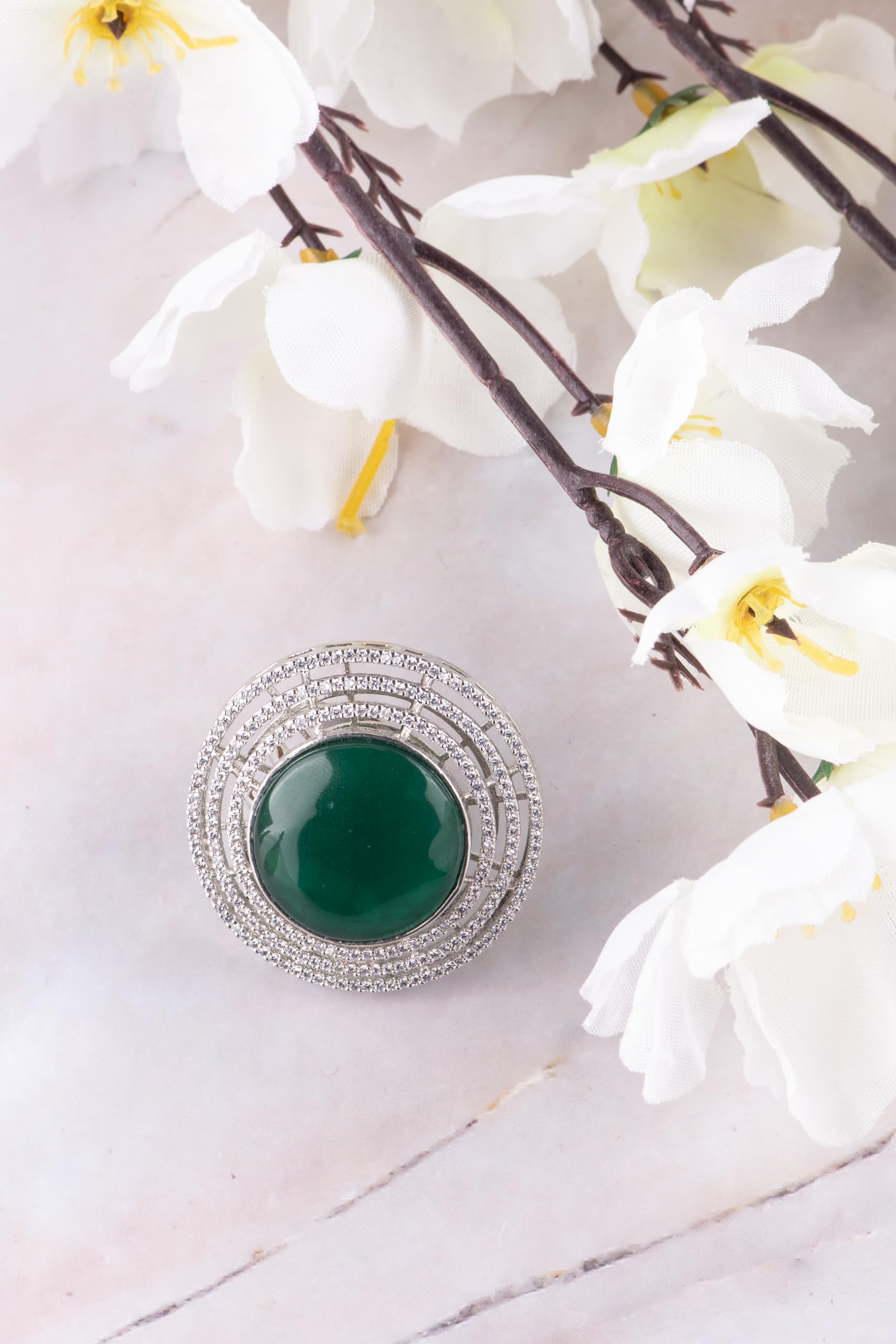 KAYRAH Brass Material CZ Stone Stud Ring for Women and Girls for Every Occassion (Green Pota)
