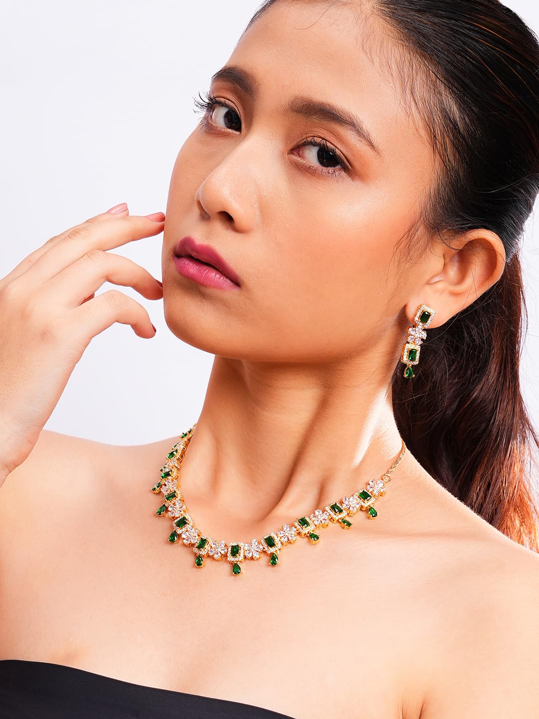 KAYRAH Gold Plated Green Stone Necklace Set for Women Stylish with Matching Earrings with Matching Earrings