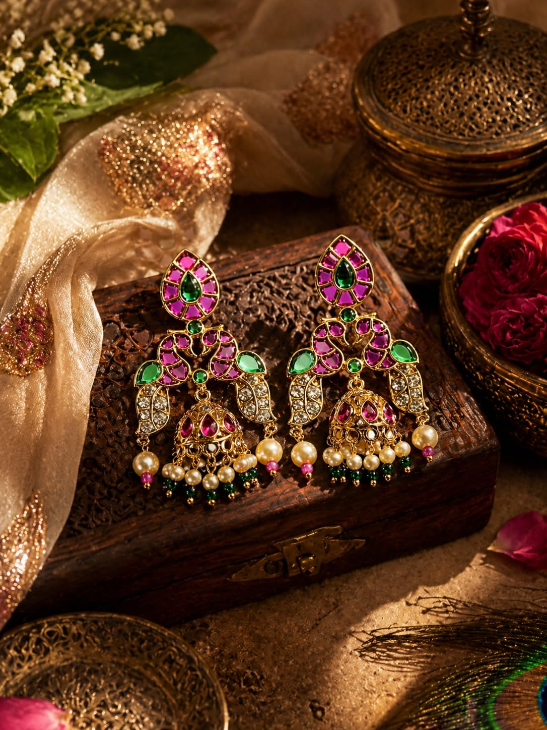 Gold Plated Pink Stone Jhumka Earrings for Women | Traditional Temple Jewellery Earrings for Girls | Bridal Drop Earrings | Gift for Women