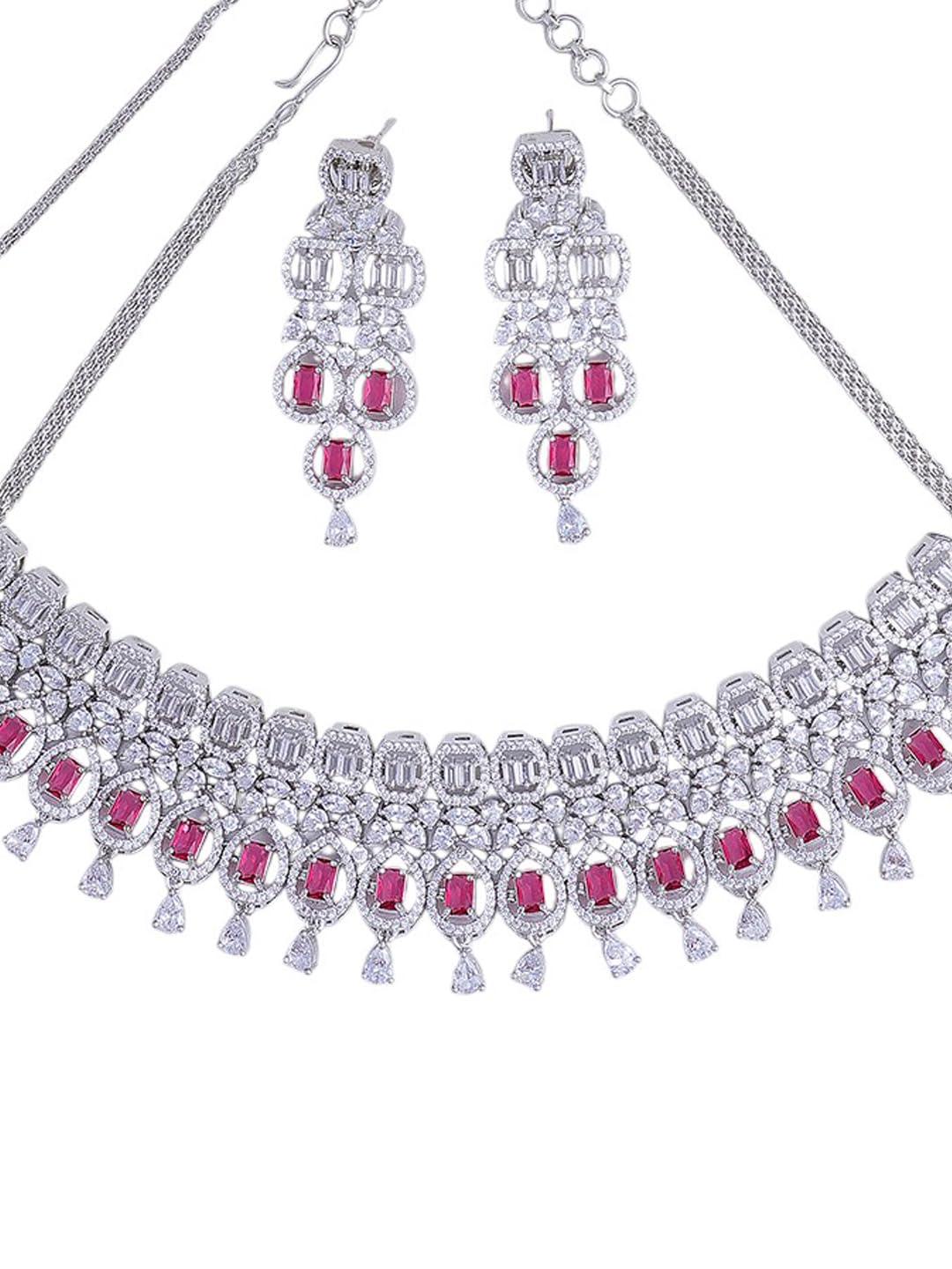 KAYRAH Women Pink Brass Material Crafted CZ Stone Studed Necklace with Earrings with Matching Earrings with Matching Earrings