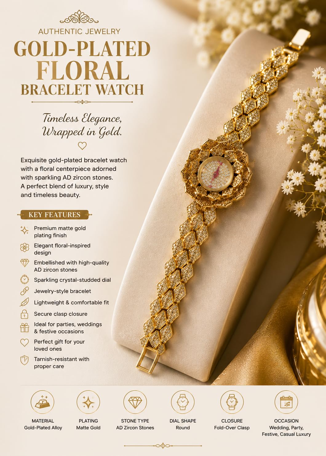 Gold Plated Floral Analog Bracelet Watch for Women
