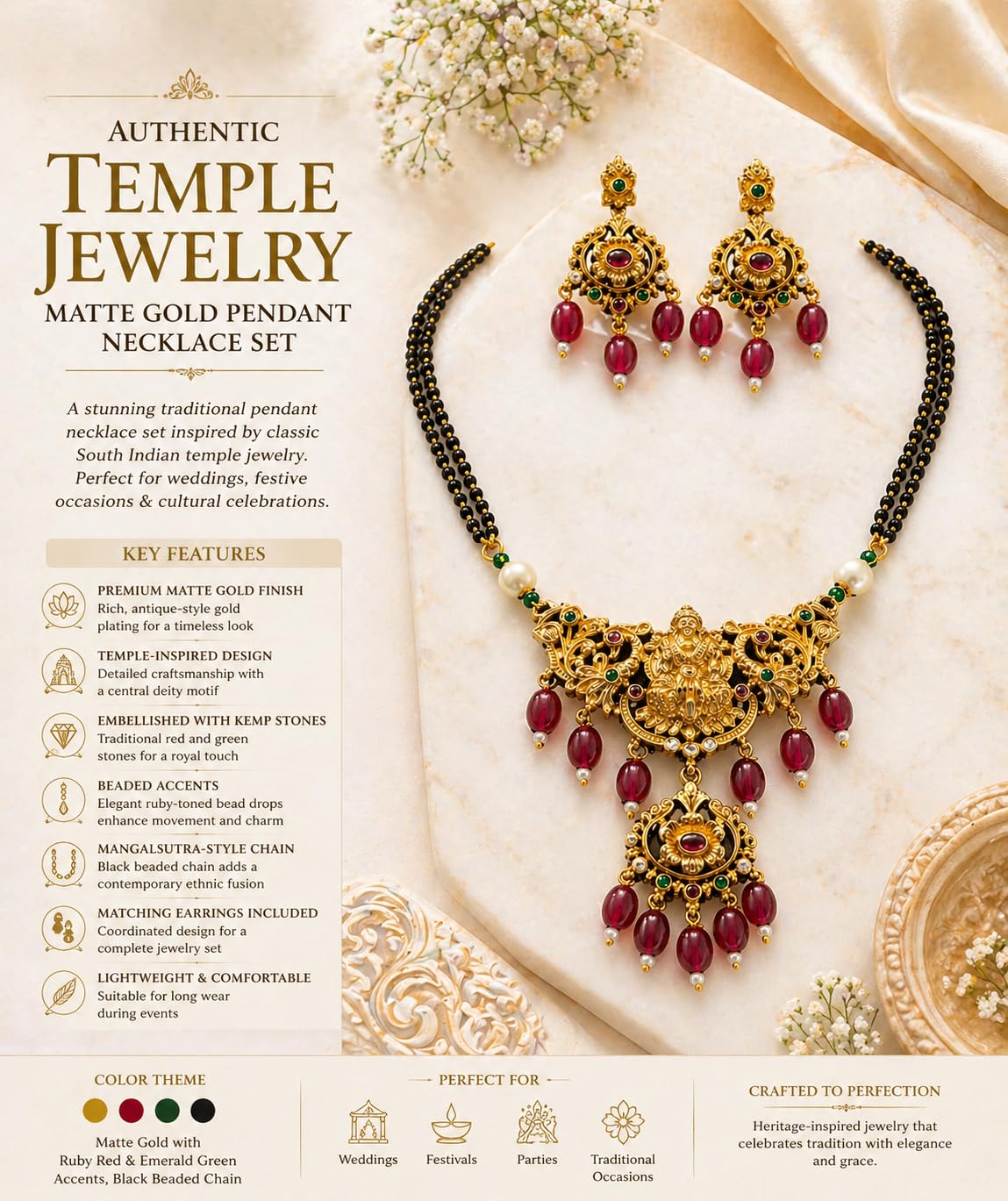 KAYRAH Gold Plated Mangalsutra Necklace Set with Earrings, Temple Jewellery, Green Onyx Beads, Traditional South Indian Bridal with Matching Earrings with Matching Earrings