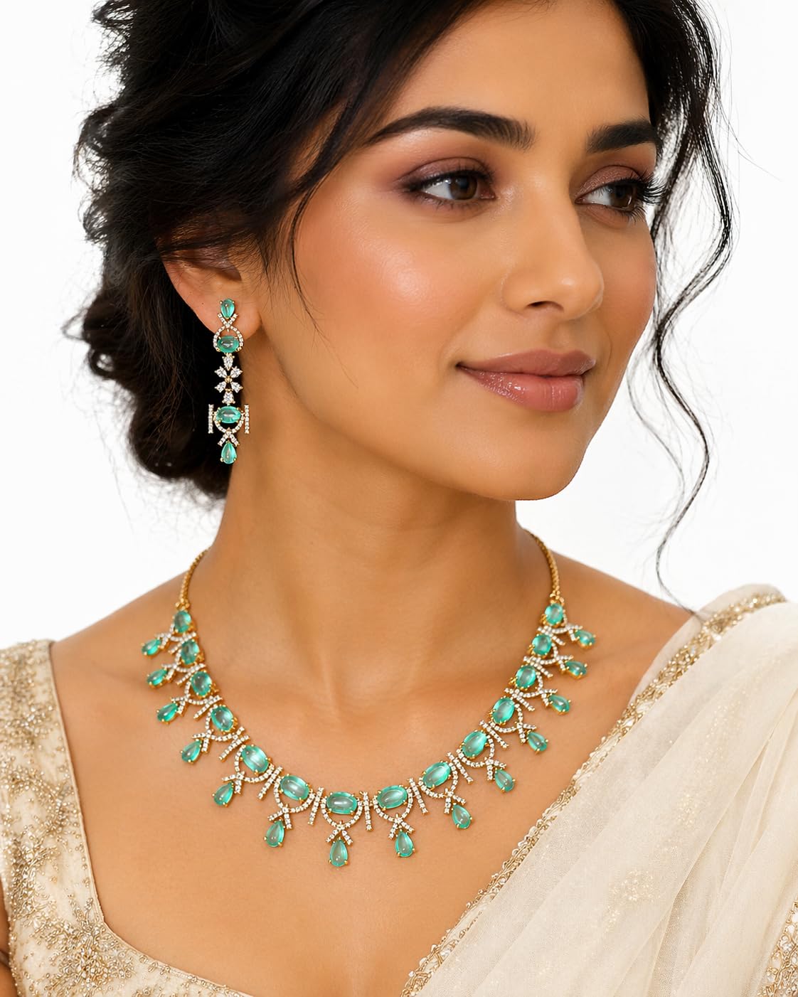 KAYRAH Gold Plated Emerald Green Cubic Zirconia Necklace Set with Earrings, Brass, Bridal Wedding Fashion with Matching Earrings with Matching Earrings