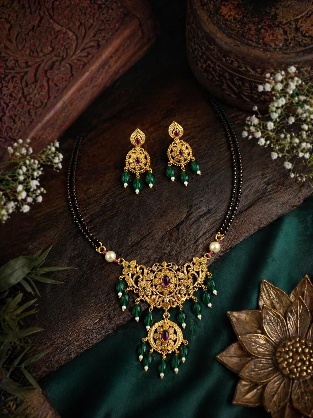 KAYRAH Gold Plated Temple Necklace Set, Lakshmi Pendant Mangalsutra Style, Jhumka Earrings, Traditional South Indian Wedding Jewellery with Matching Earrings with Matching Earrings