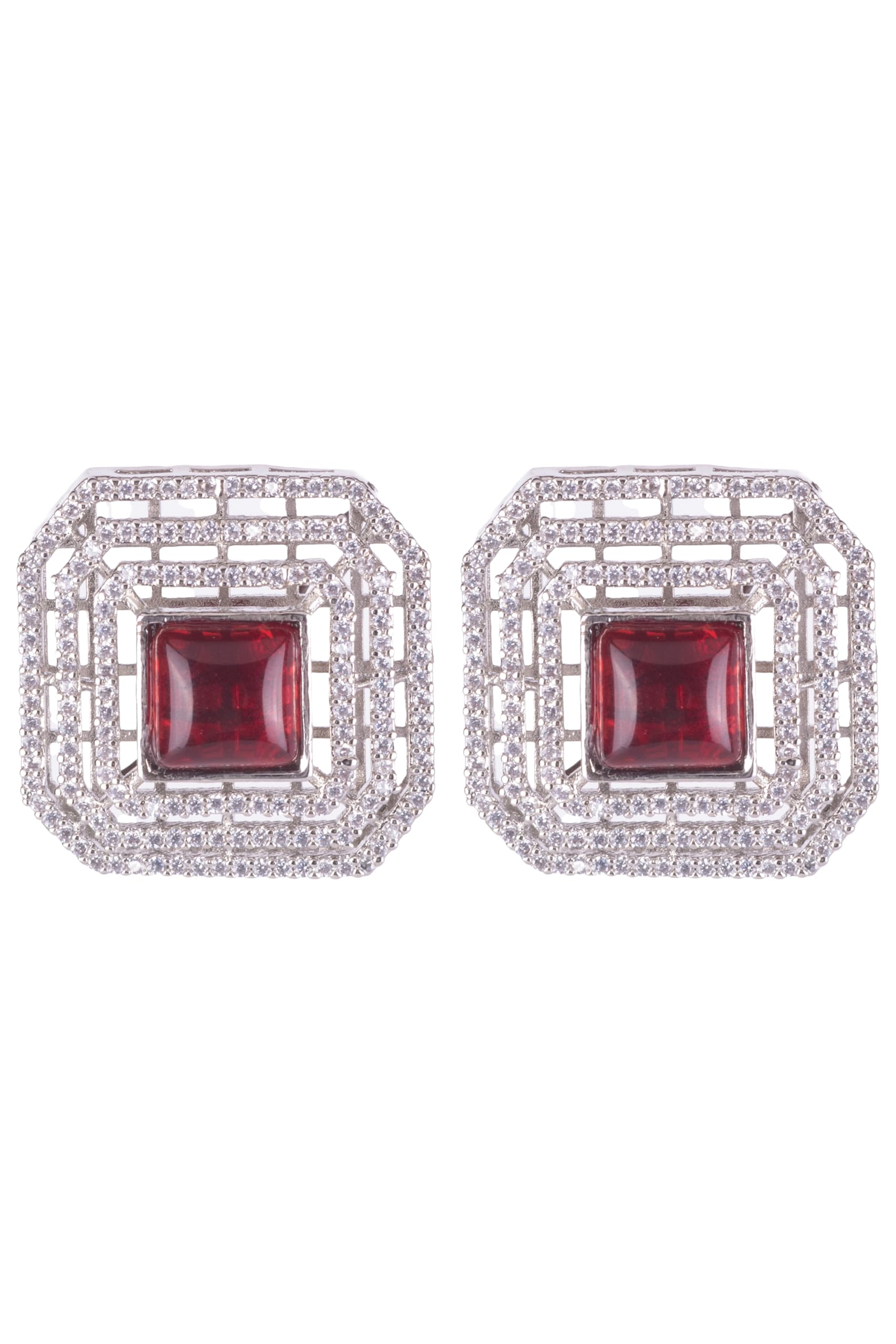 Silver Plated Red Stone Stud Earrings for Women | Geometric Fashion Jewellery Earrings for Girls | Elegant Party Earrings Gift for Women