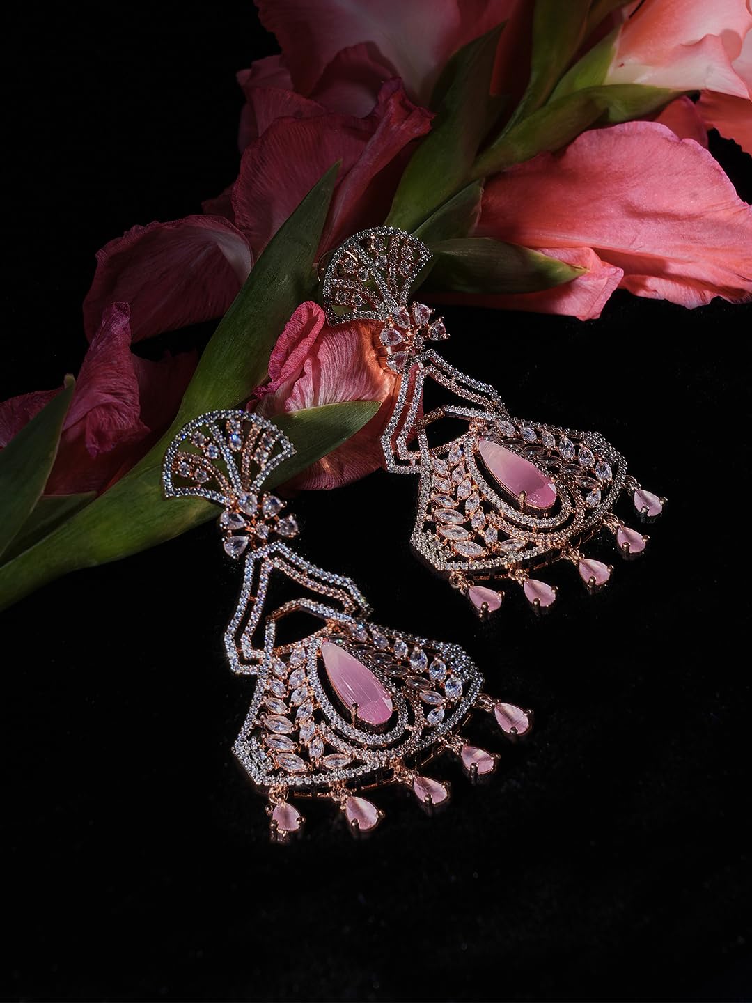 Rose Gold Plated Pink Stone Jhumka Earrings for Women | Traditional Fashion Jewellery Earrings for Girls | Stylish Drop Earrings Gift for Women