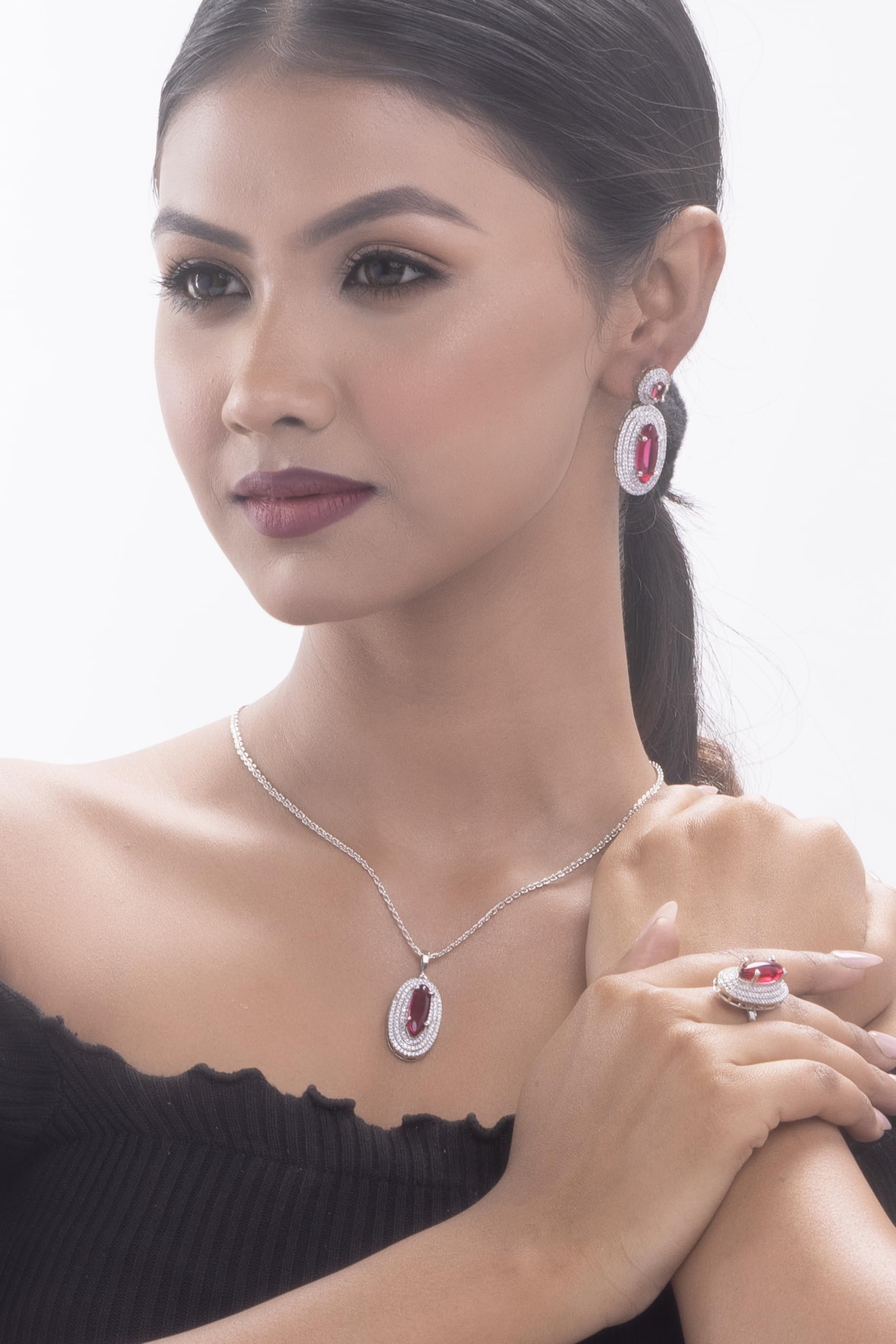 KAYRAH High-polished Brass CZ Stone Pendant Necklace, Stud Earrings and Ring Set for Women and Girls with Matching Earrings with Matching Earrings
