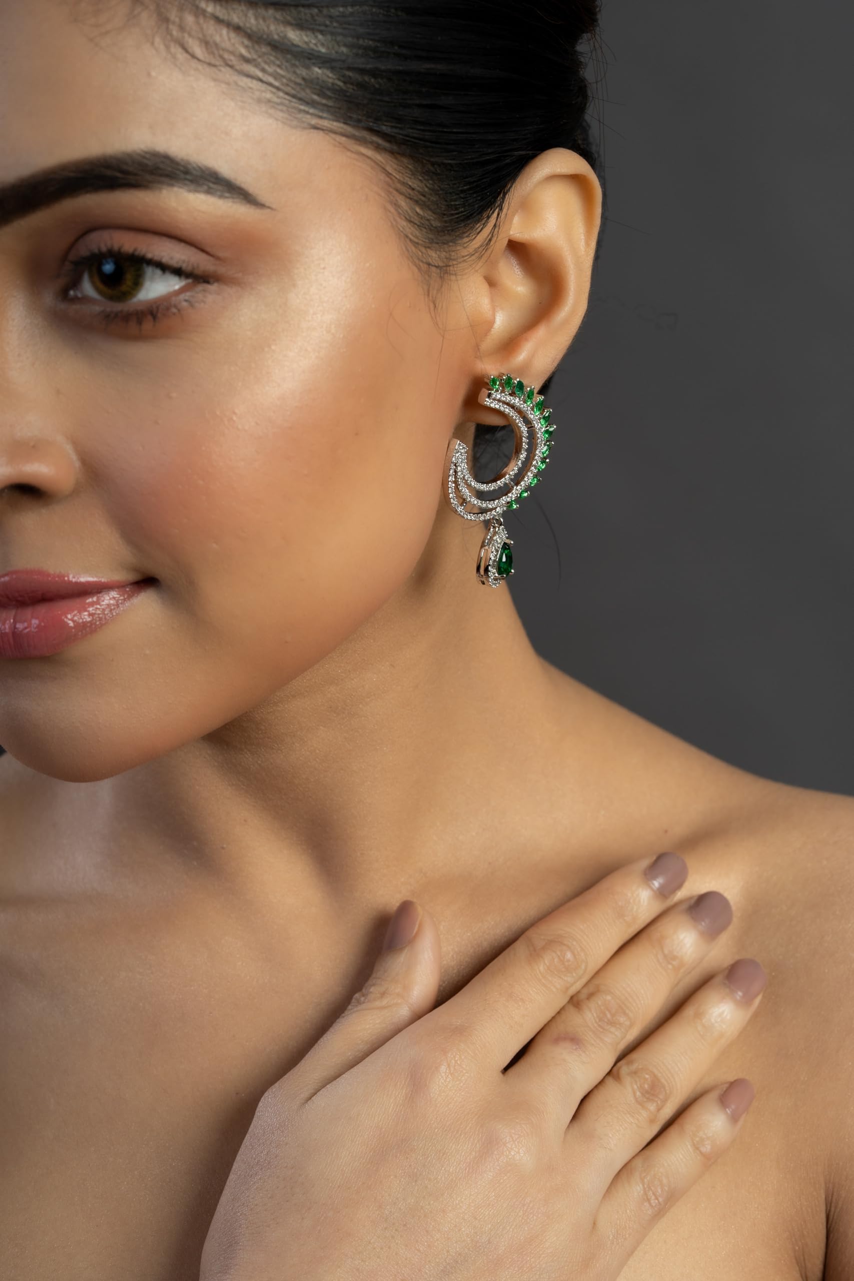 Silver Plated Green Stone Hoop Earrings for Women | Statement Fashion Jewellery Earrings for Girls | Stylish Party Earrings Gift for Women