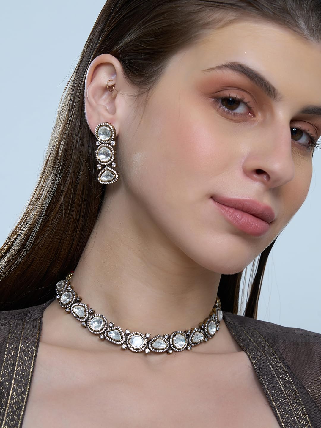 KAYRAH Women Blue Brass Material Crafted CZ Stone Studed Necklace with Earrings with Matching Earrings with Matching Earrings