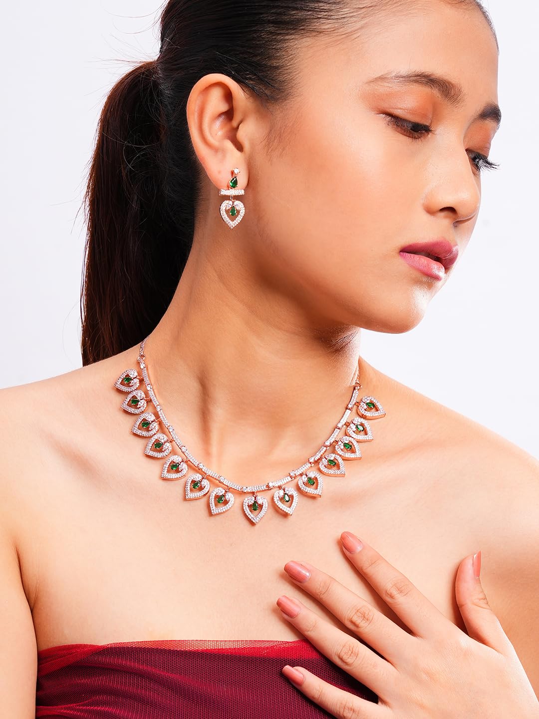 KAYRAH Women Green Brass Material Crafted CZ Stone Studed Necklace with Earrings with Matching Earrings with Matching Earrings
