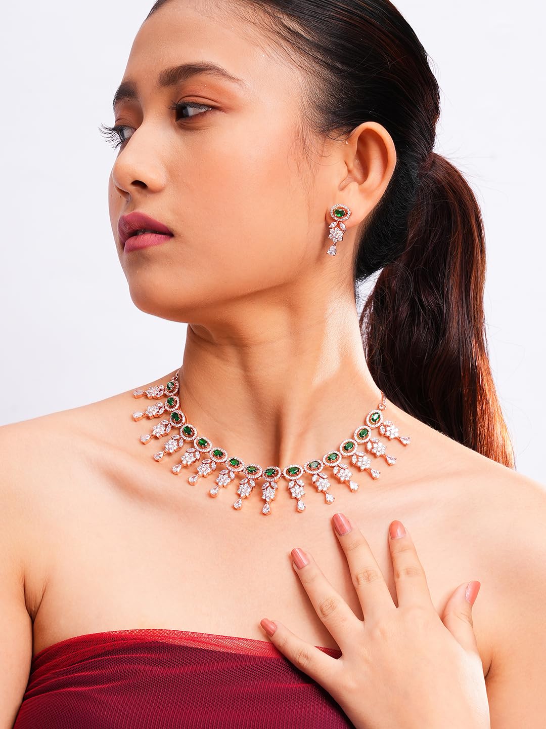 KAYRAH Women Green Brass Material Crafted CZ Stone Studed Necklace with Earrings with Matching Earrings with Matching Earrings