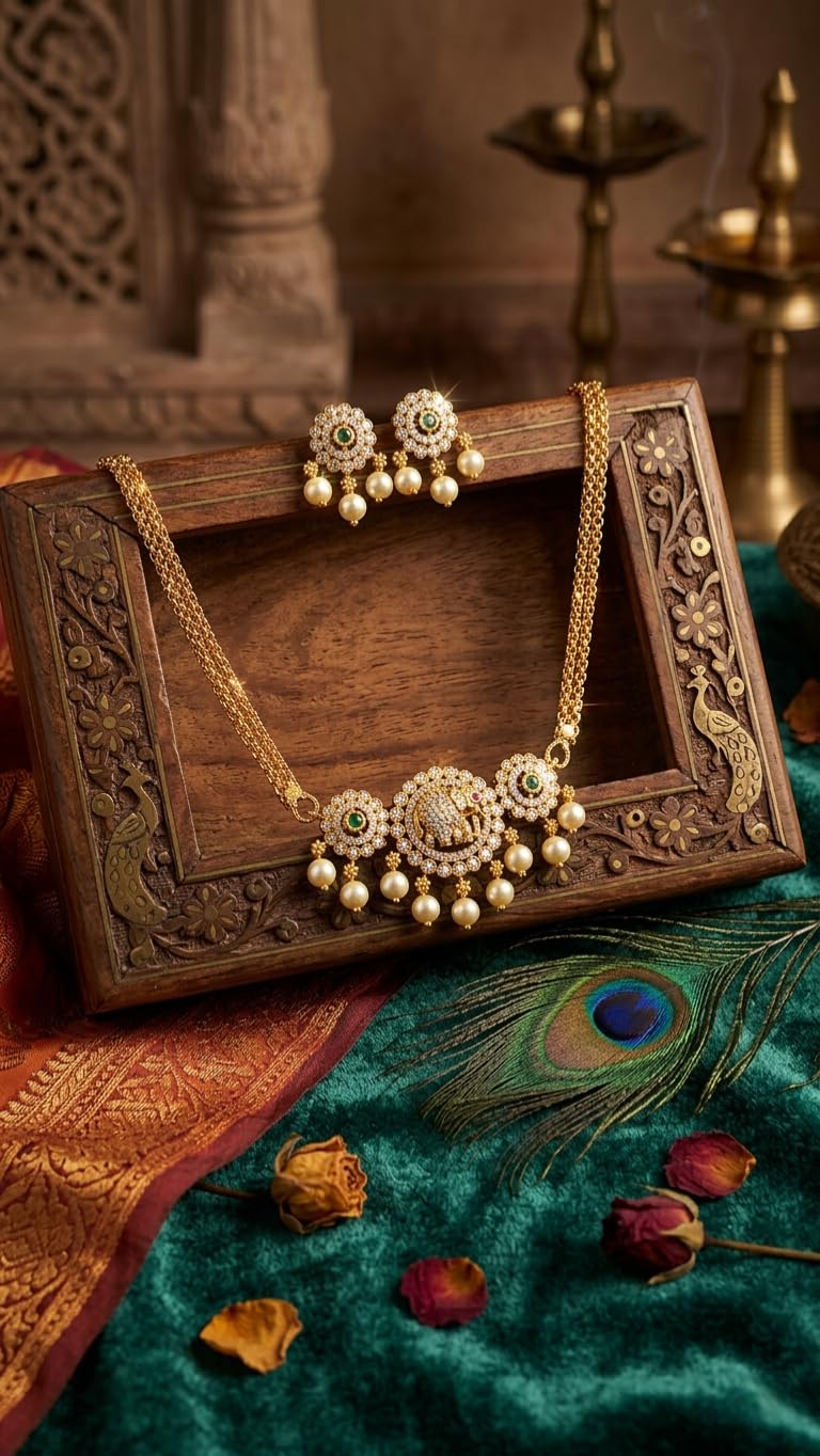 KAYRAH Women Brass Material Crafted CZ Stone Studed Necklace with Earrings with Matching Earrings with Matching Earrings