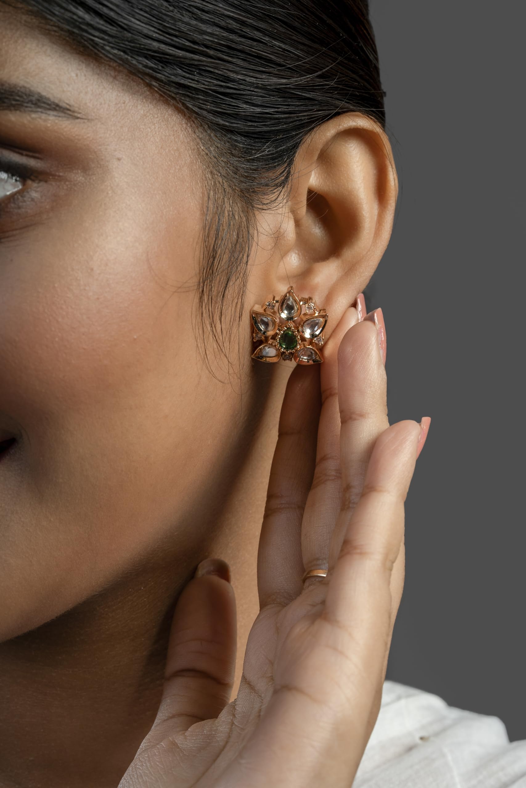 Gold Plated Green Stone Floral Stud Earrings for Women Stylish | Traditional Fashion Jewellery Earrings for Girls | Elegant Earrings Gift for Women